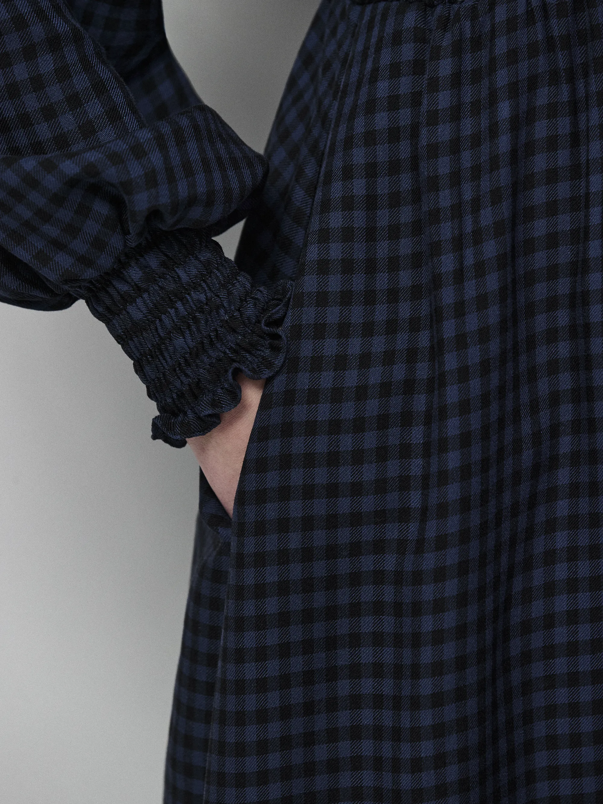 Navy Check Shirred Bodice Dress - Image 5