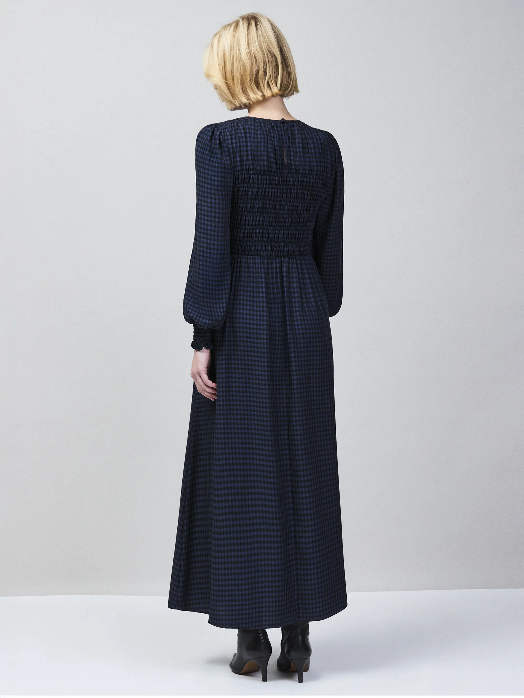 Navy Check Shirred Bodice Dress - Image 6