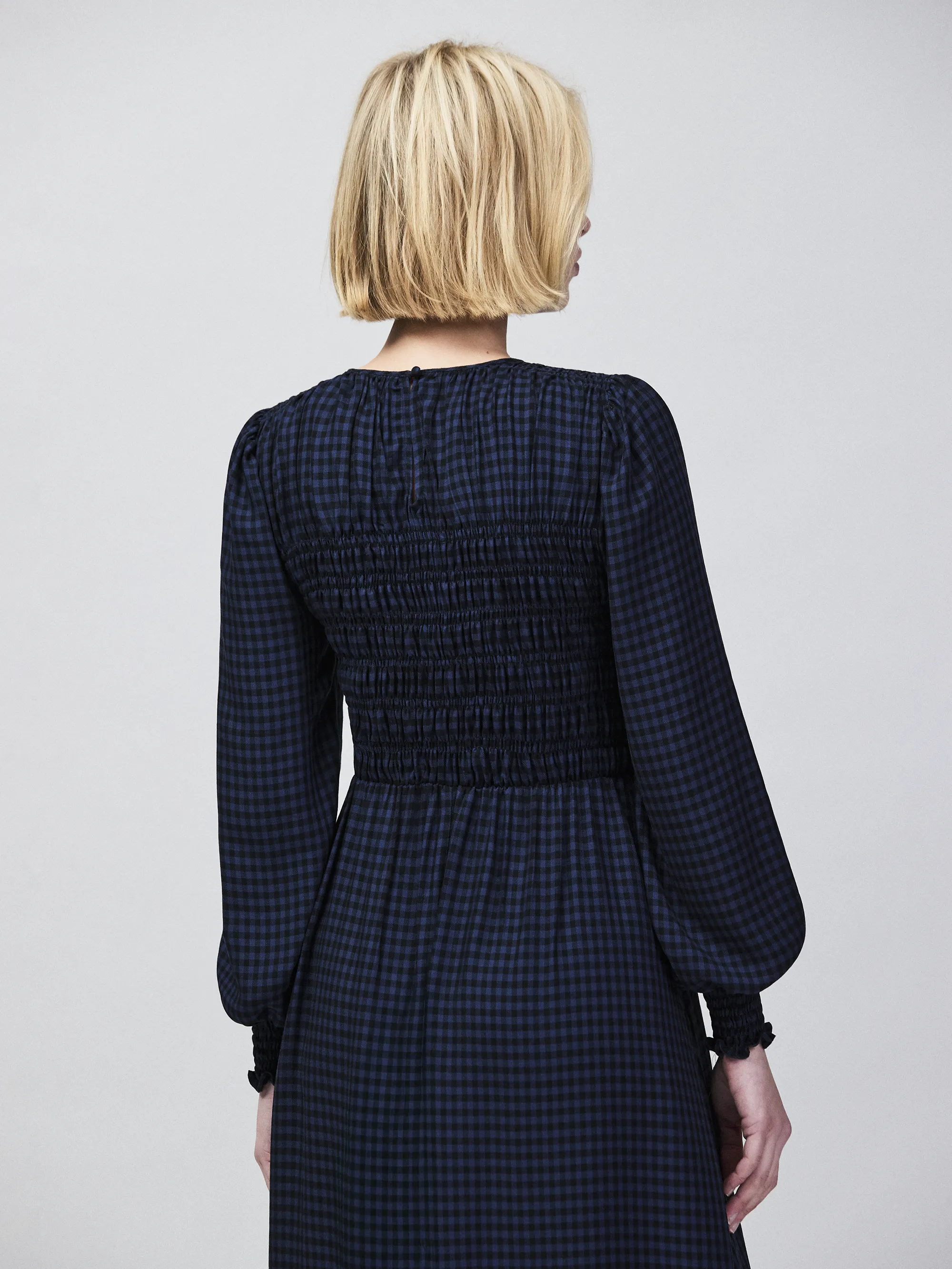 Navy Check Shirred Bodice Dress - Image 7