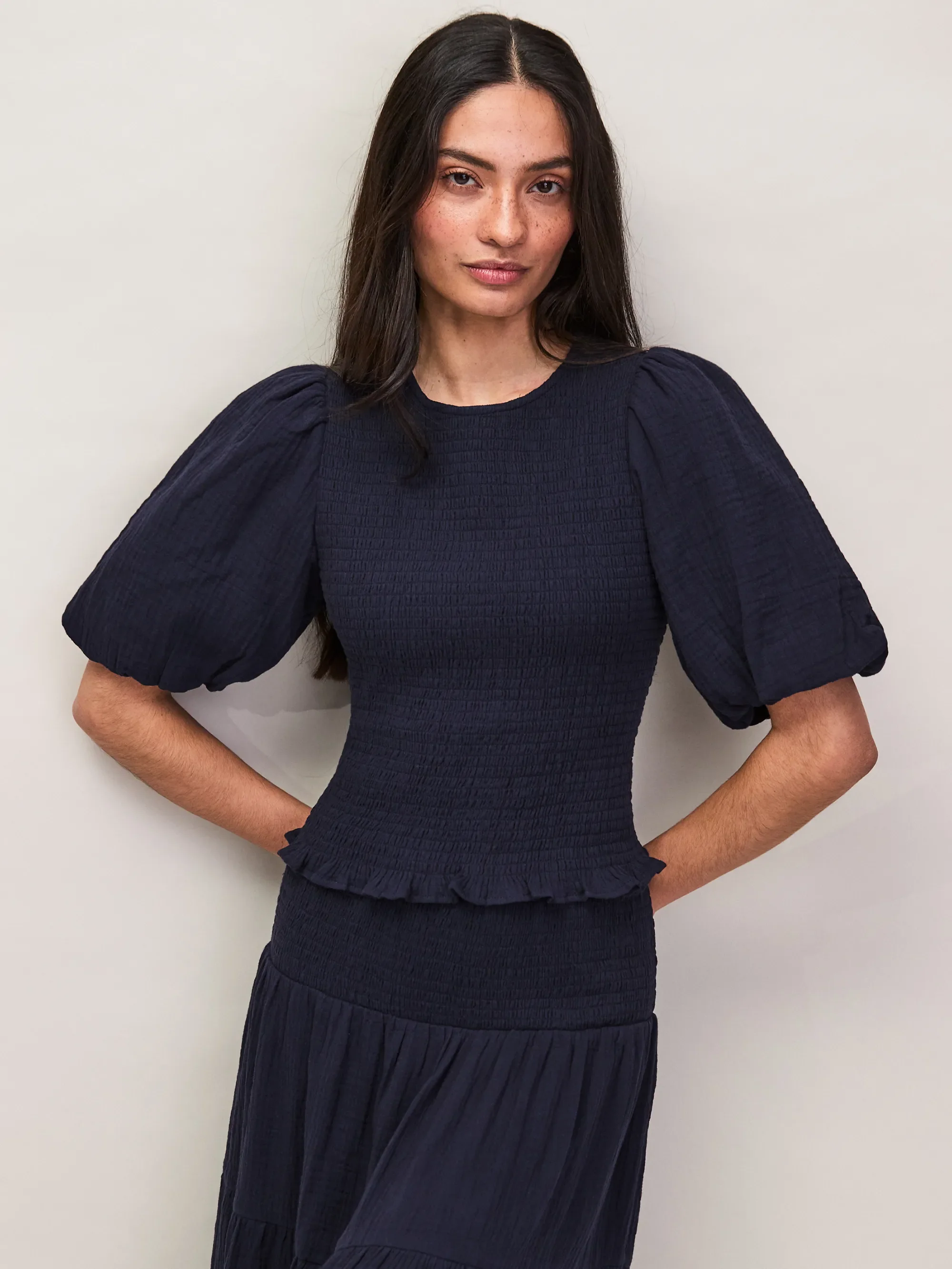 Navy Cheesecloth Shirred Top - Image 3