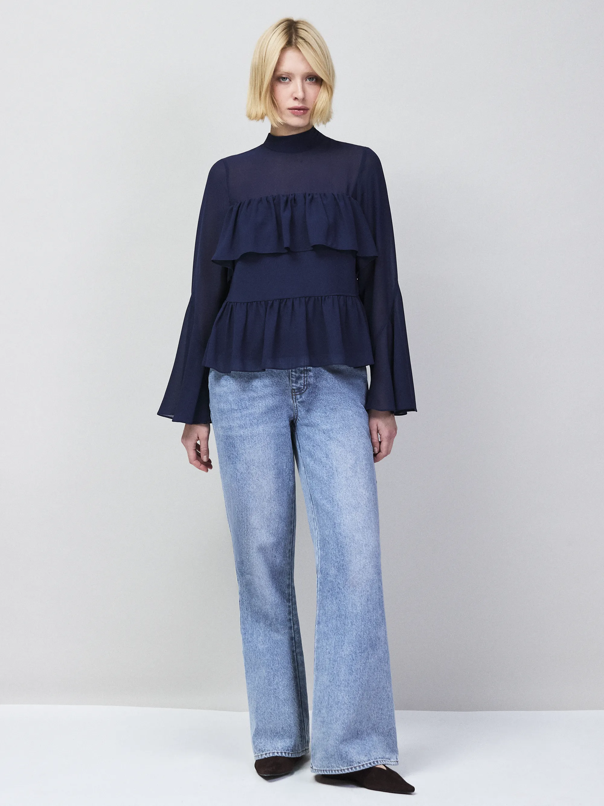Navy Frill Detail Chiffon Blouse - Image 3