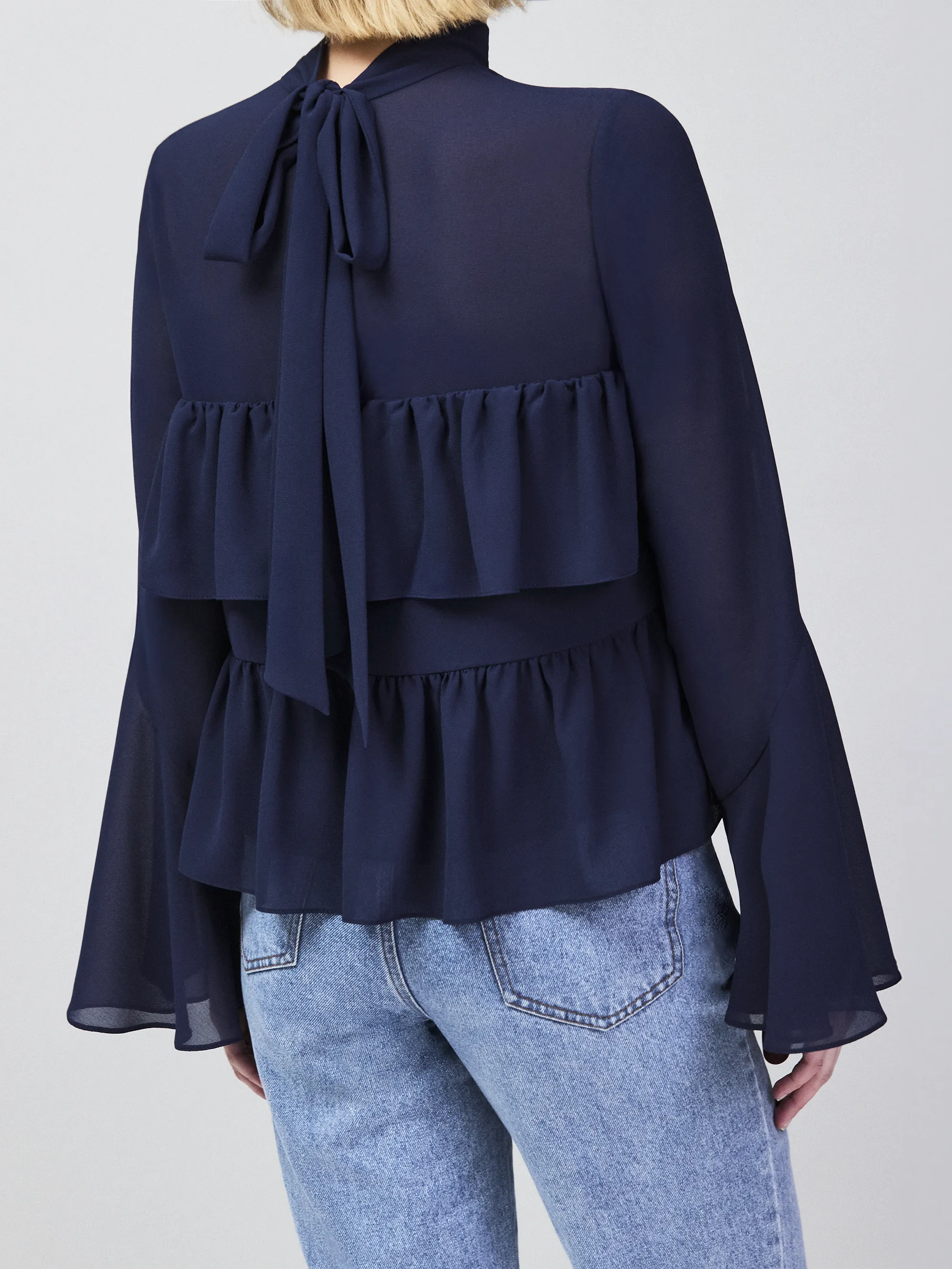 Navy Frill Detail Chiffon Blouse - Image 4