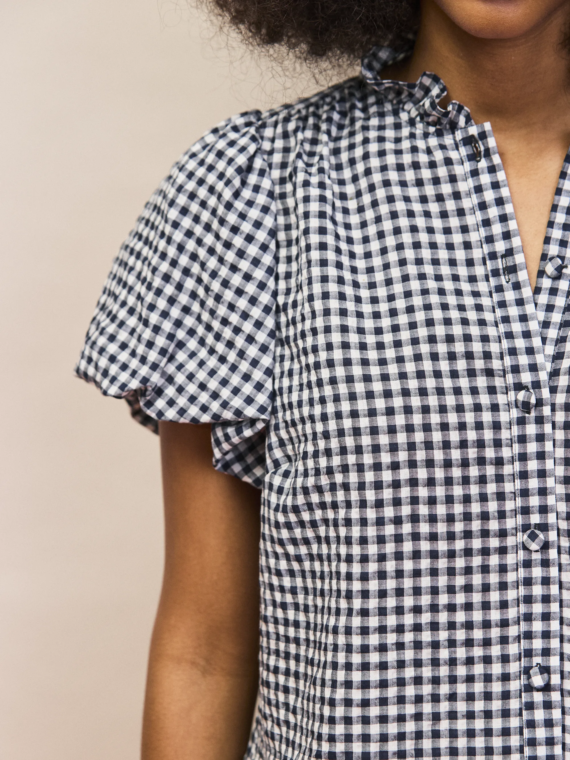 Navy Gingham Gathered-Sleeve Shirt - Image 3