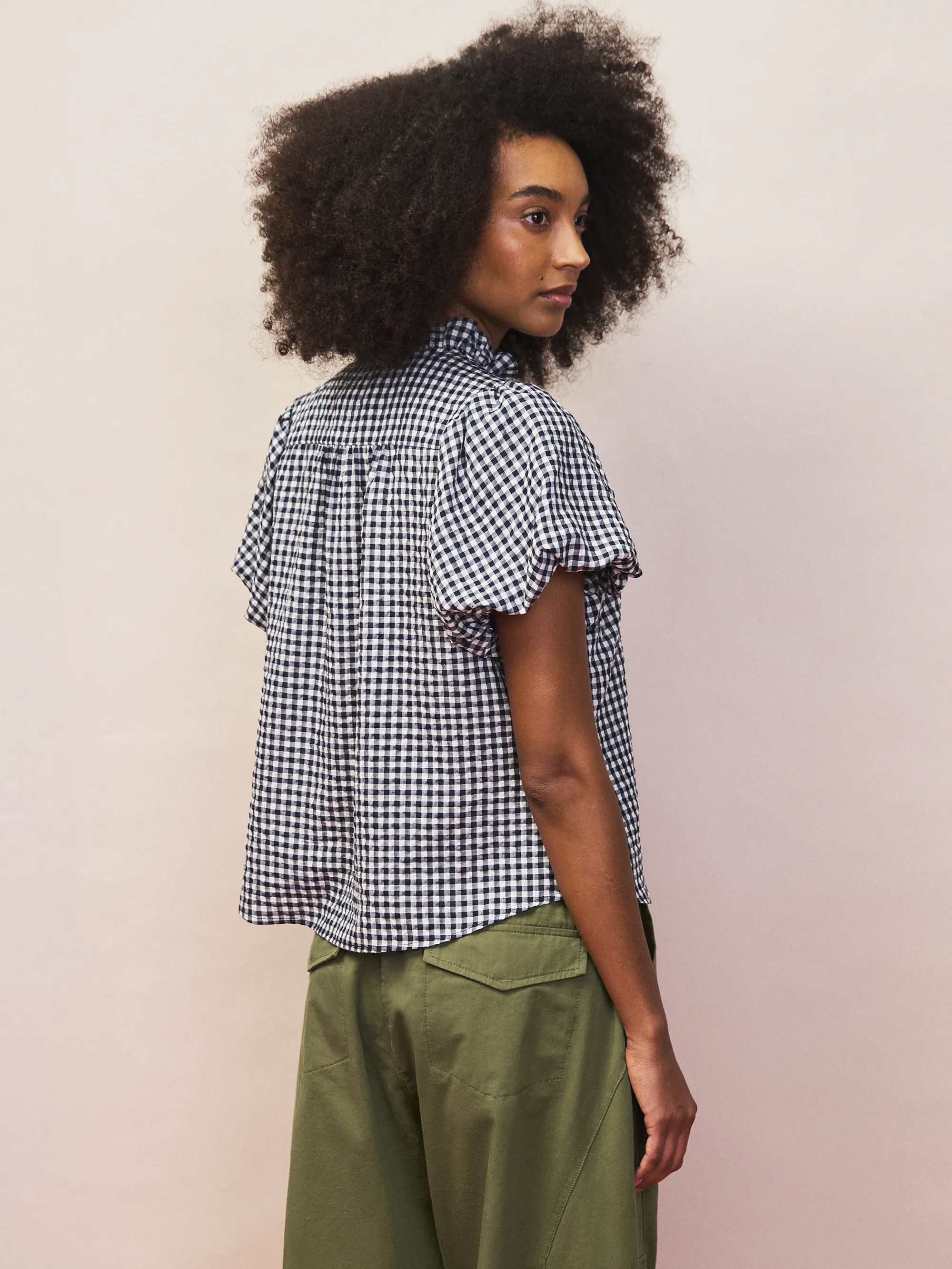 Navy Gingham Gathered-Sleeve Shirt - Image 5