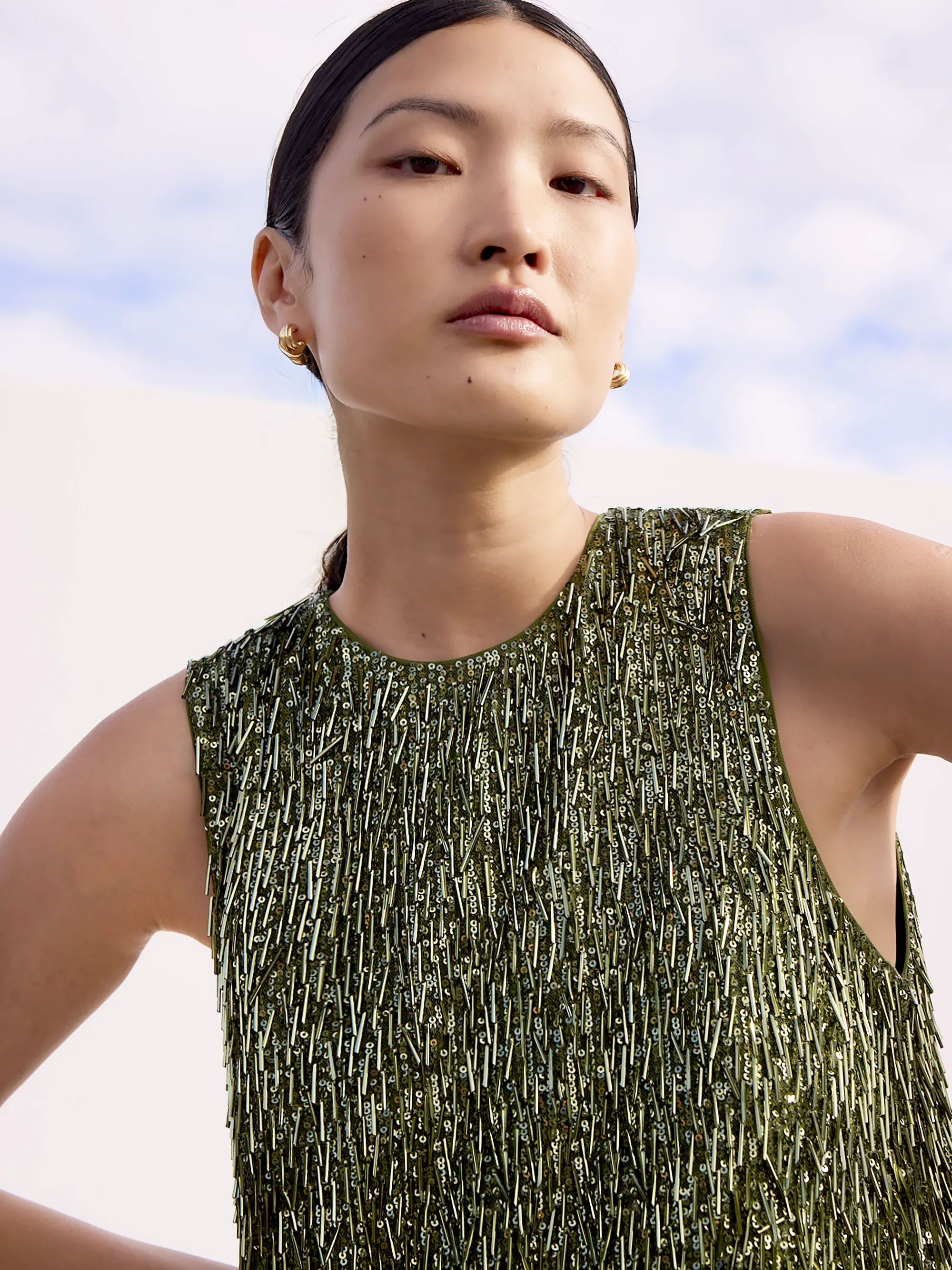 Nina Olive-Green Sequinned Bead-Embellished Shift Dress - Image 3