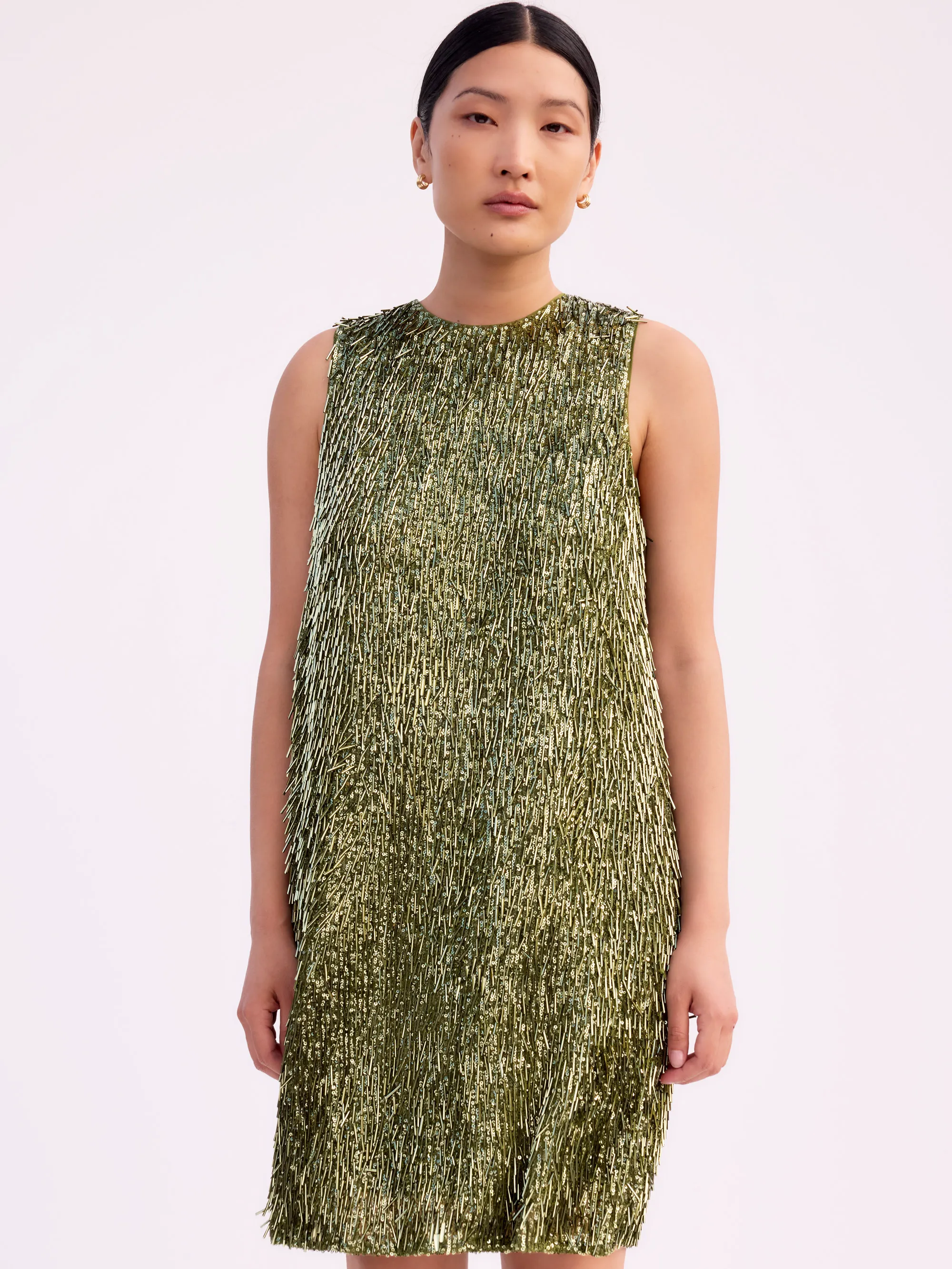 Nina Olive-Green Sequinned Bead-Embellished Shift Dress - Image 4