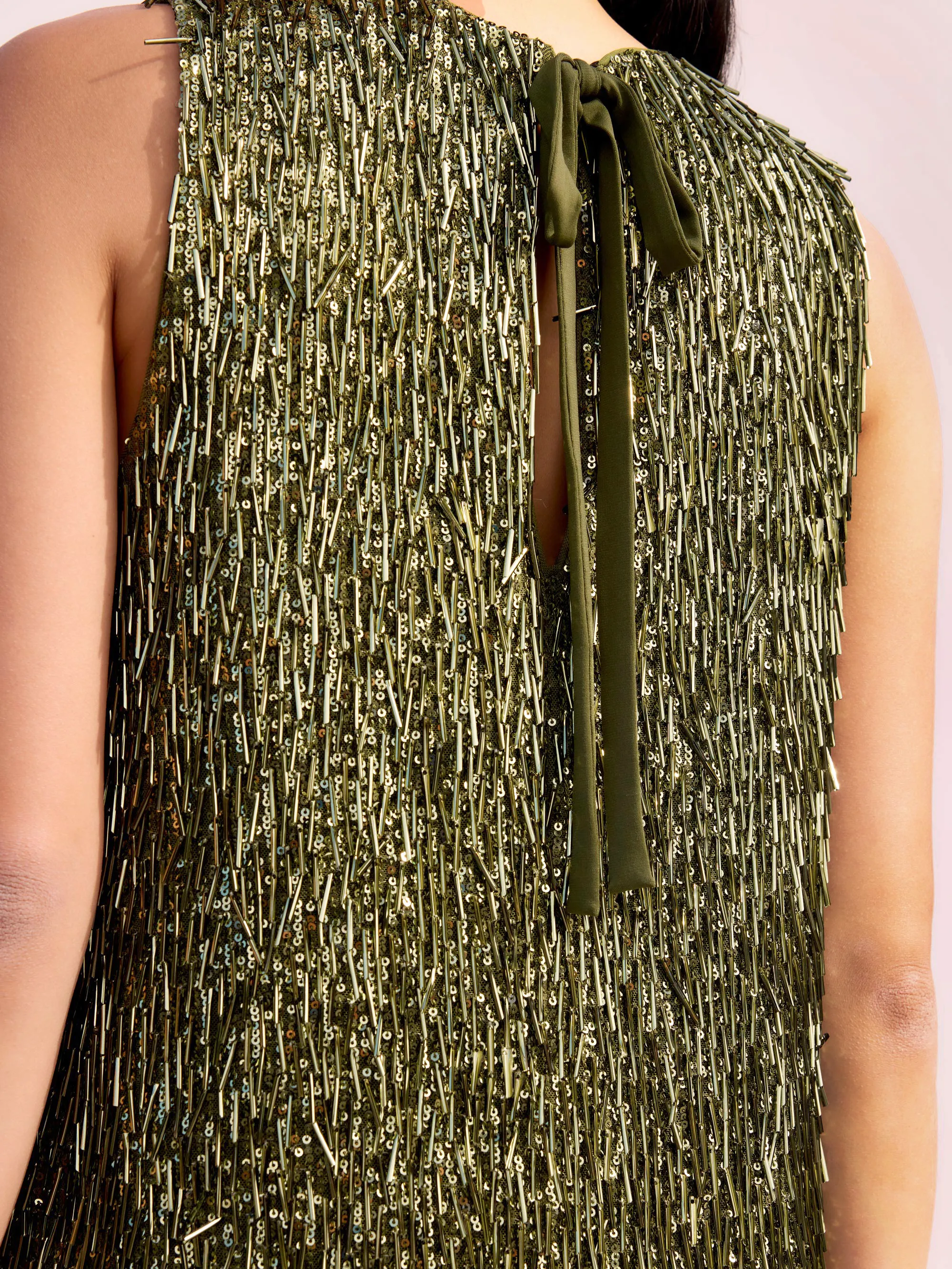 Nina Olive-Green Sequinned Bead-Embellished Shift Dress - Image 5