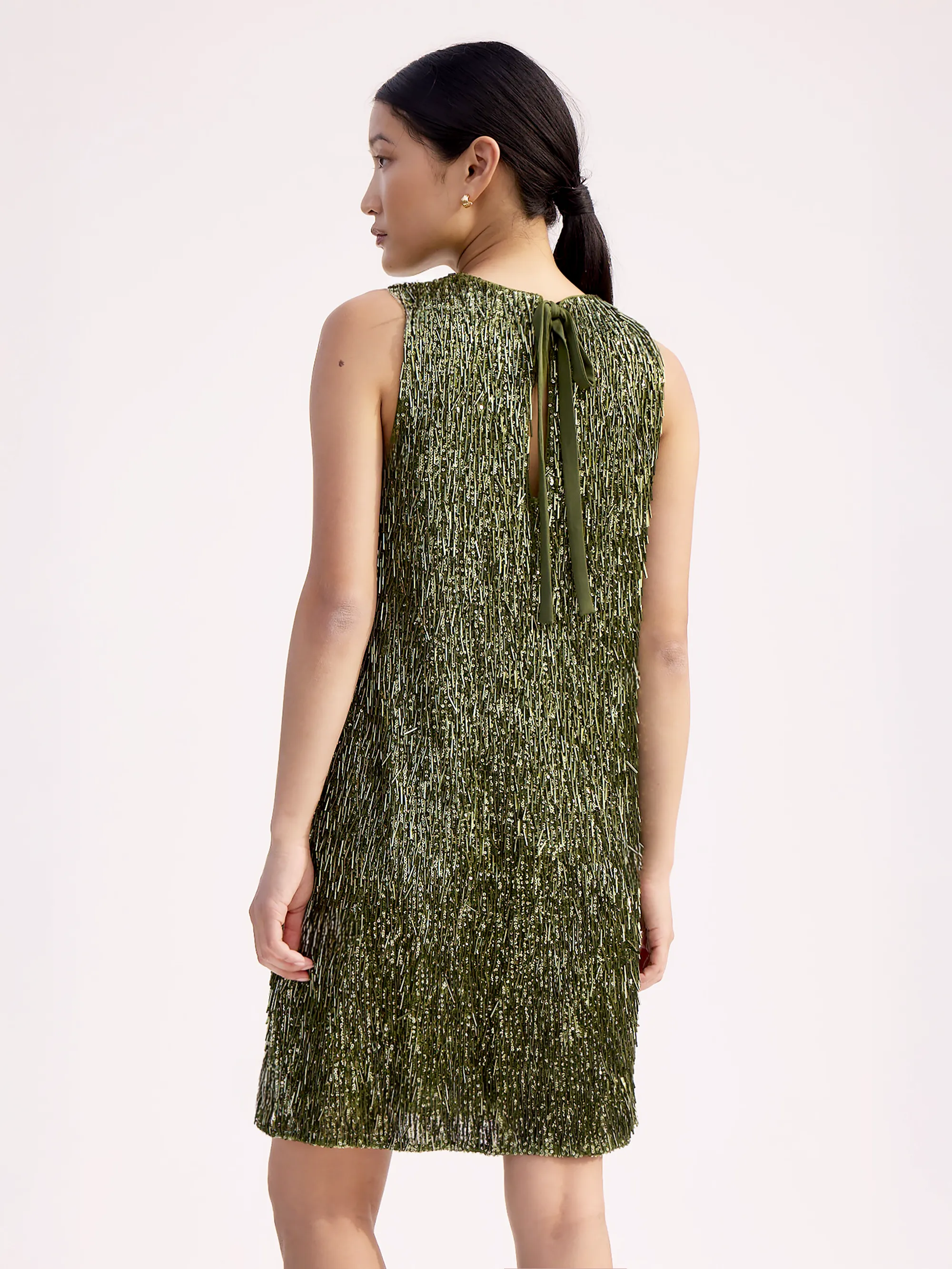 Nina Olive-Green Sequinned Bead-Embellished Shift Dress - Image 6