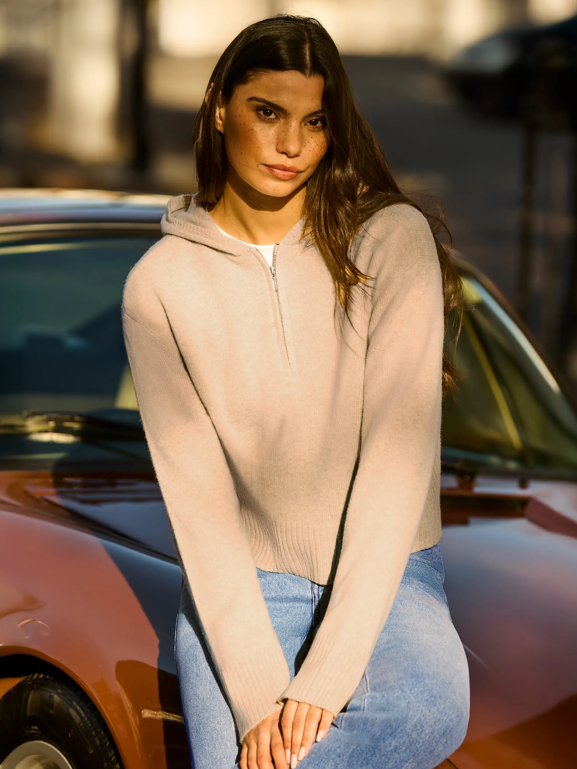 Oatmeal Half Zip Wool Knit Hoodie - Image 3