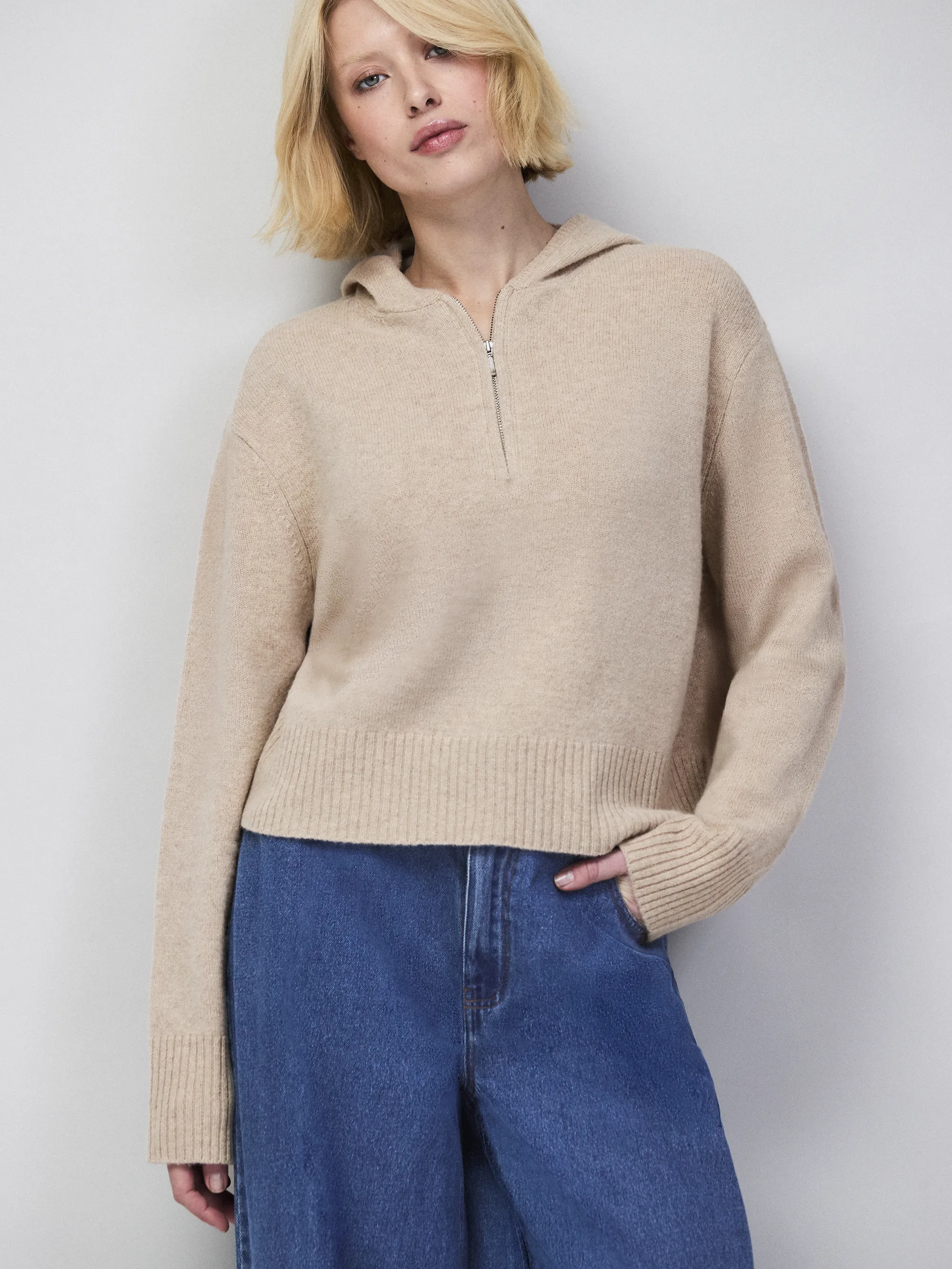 Oatmeal Half Zip Wool Knit Hoodie - Image 5
