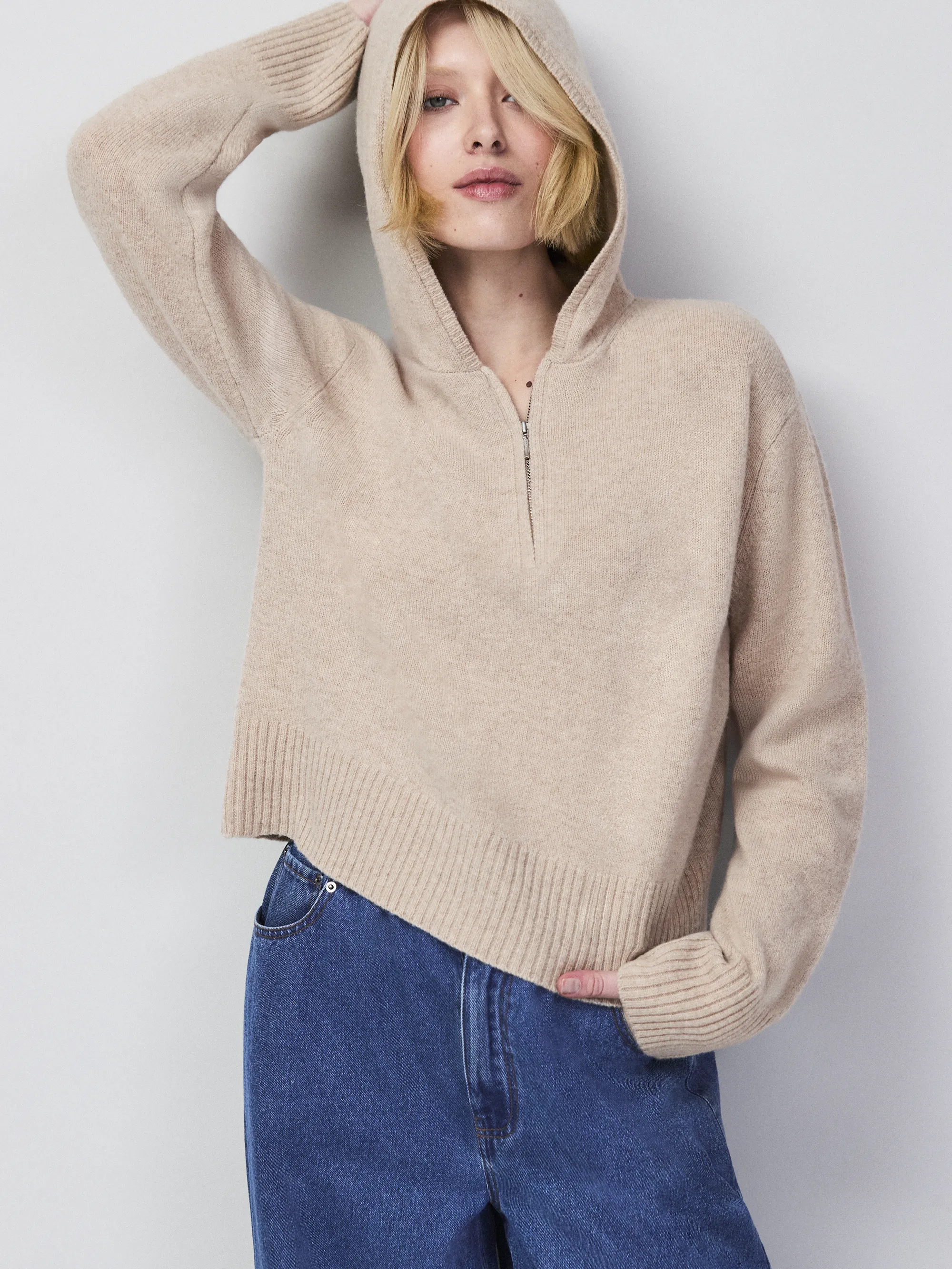 Oatmeal Half Zip Wool Knit Hoodie - Image 7