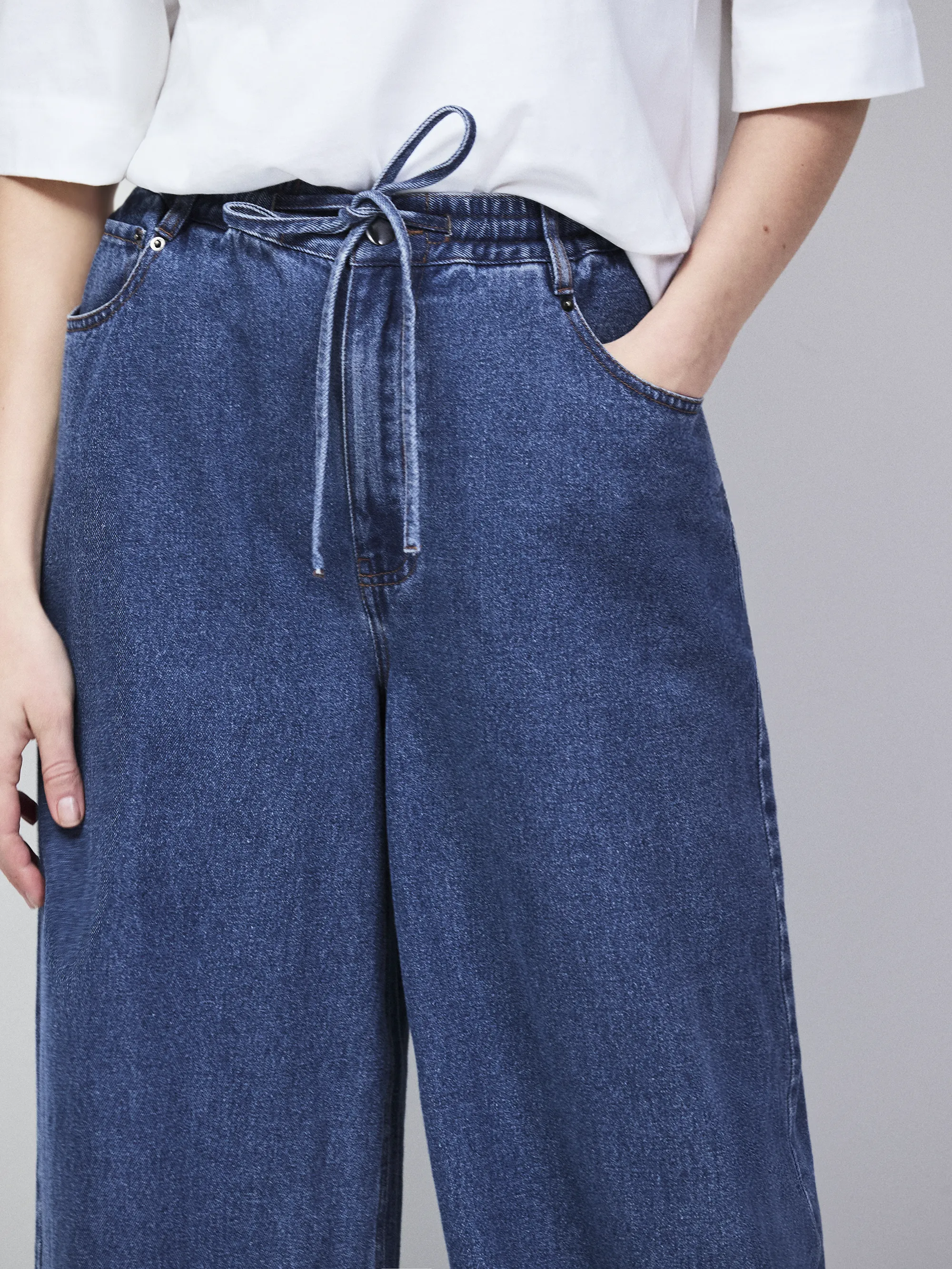 Blue Denim Drawstring Wide Leg Jeans - Image 3