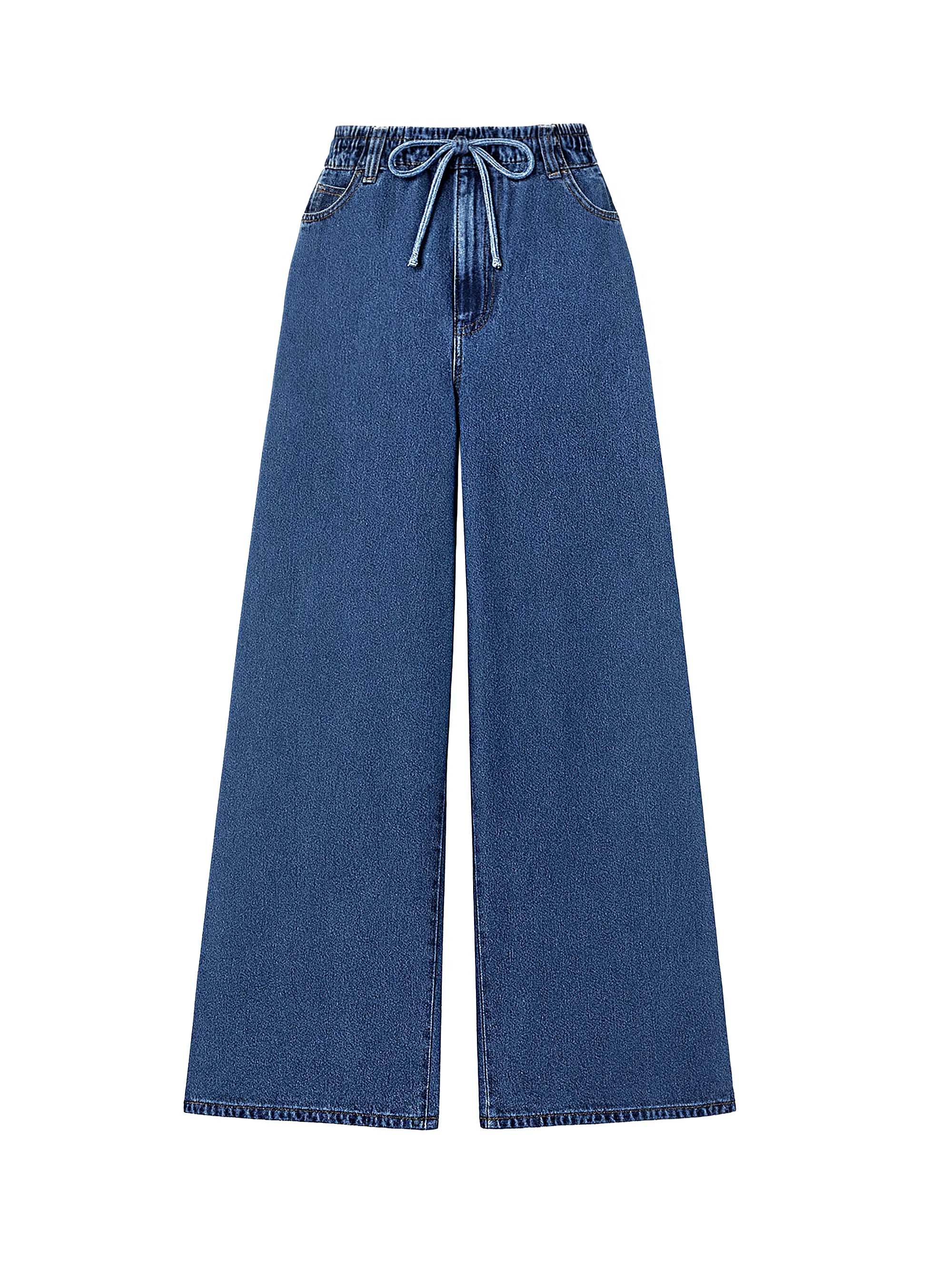 Blue Denim Drawstring Wide Leg Jeans - Image 5
