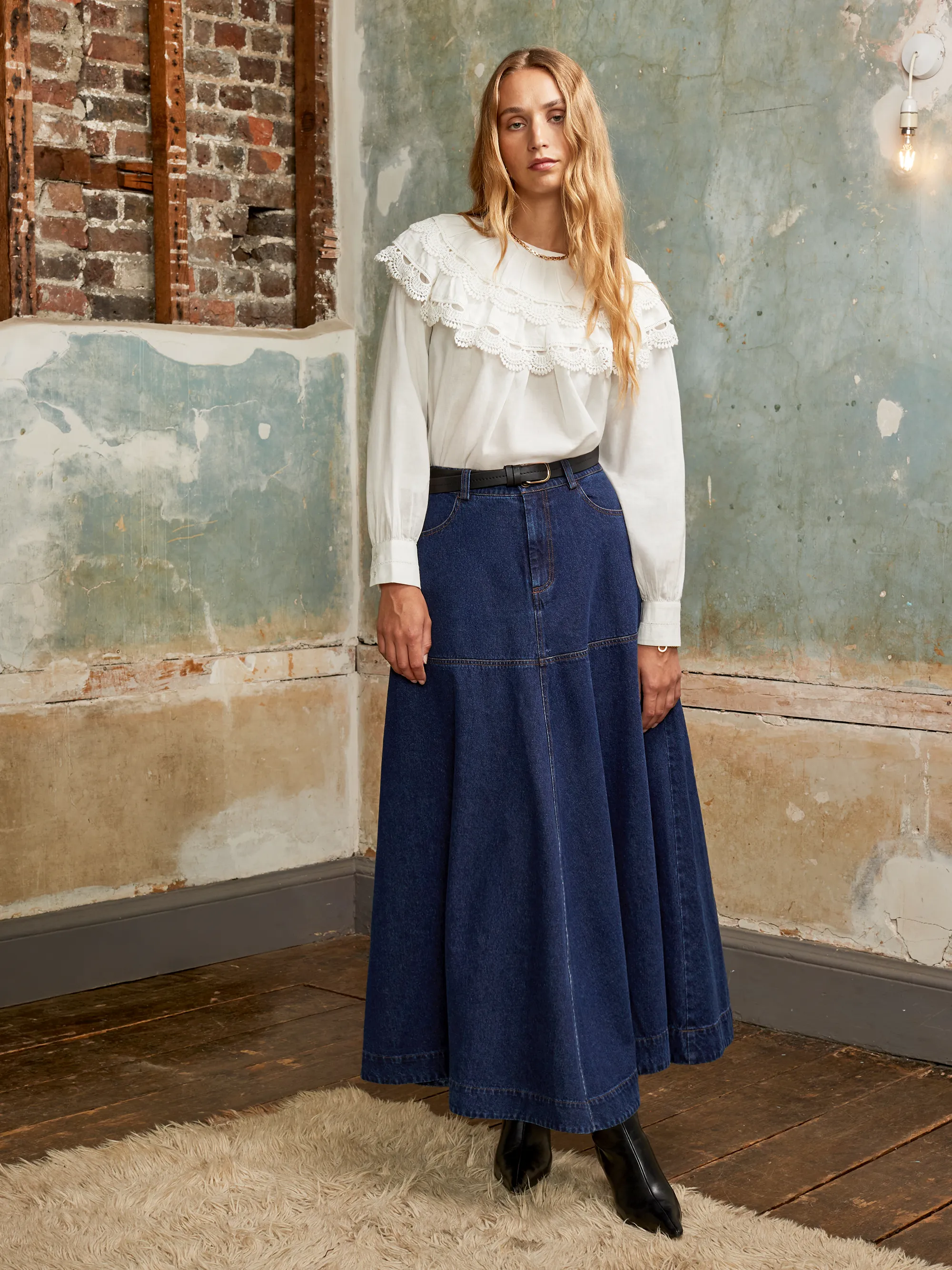 Dark-Blue Denim Flared Maxi Skirt - Image 3