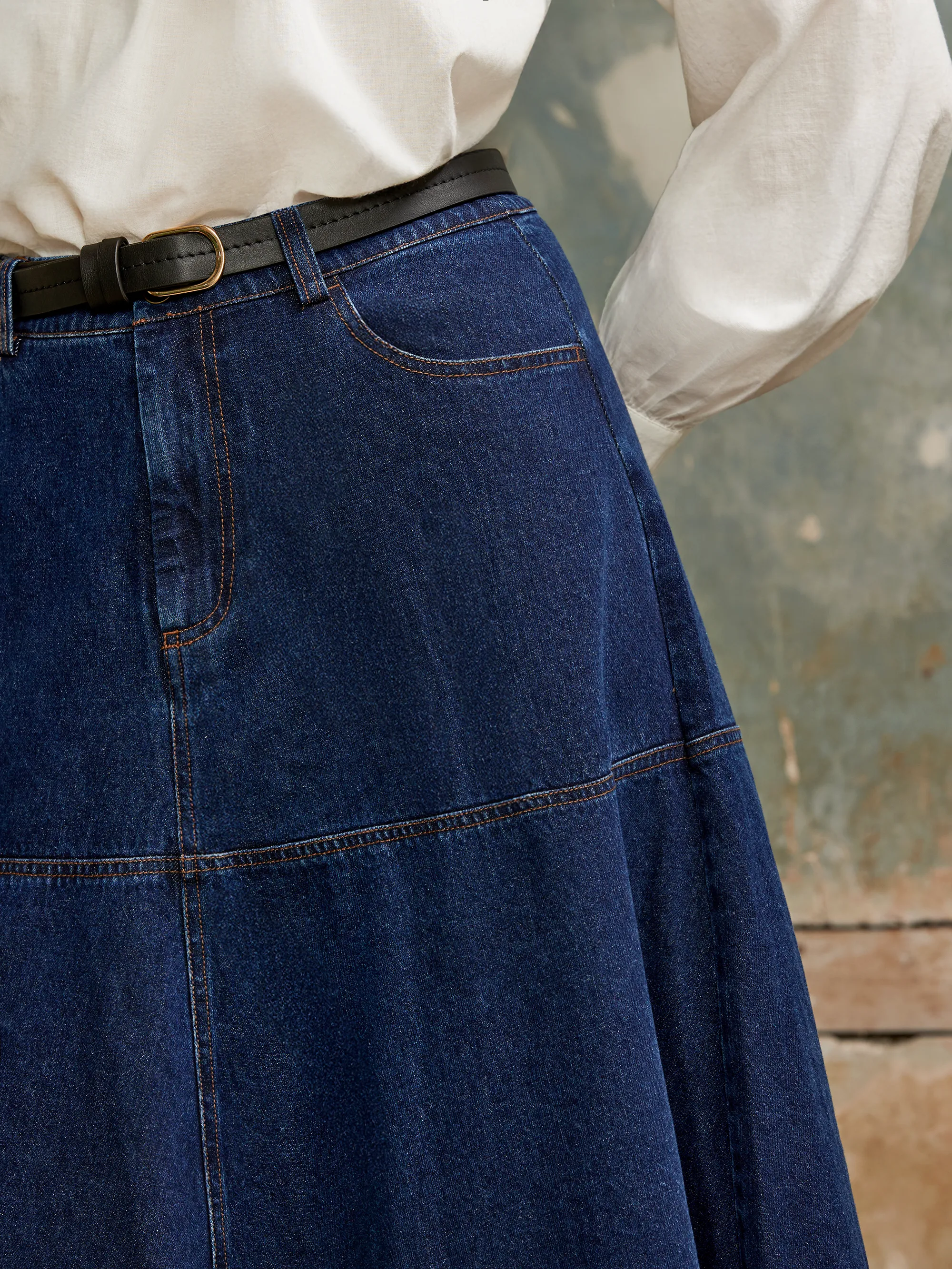 Dark-Blue Denim Flared Maxi Skirt - Image 4