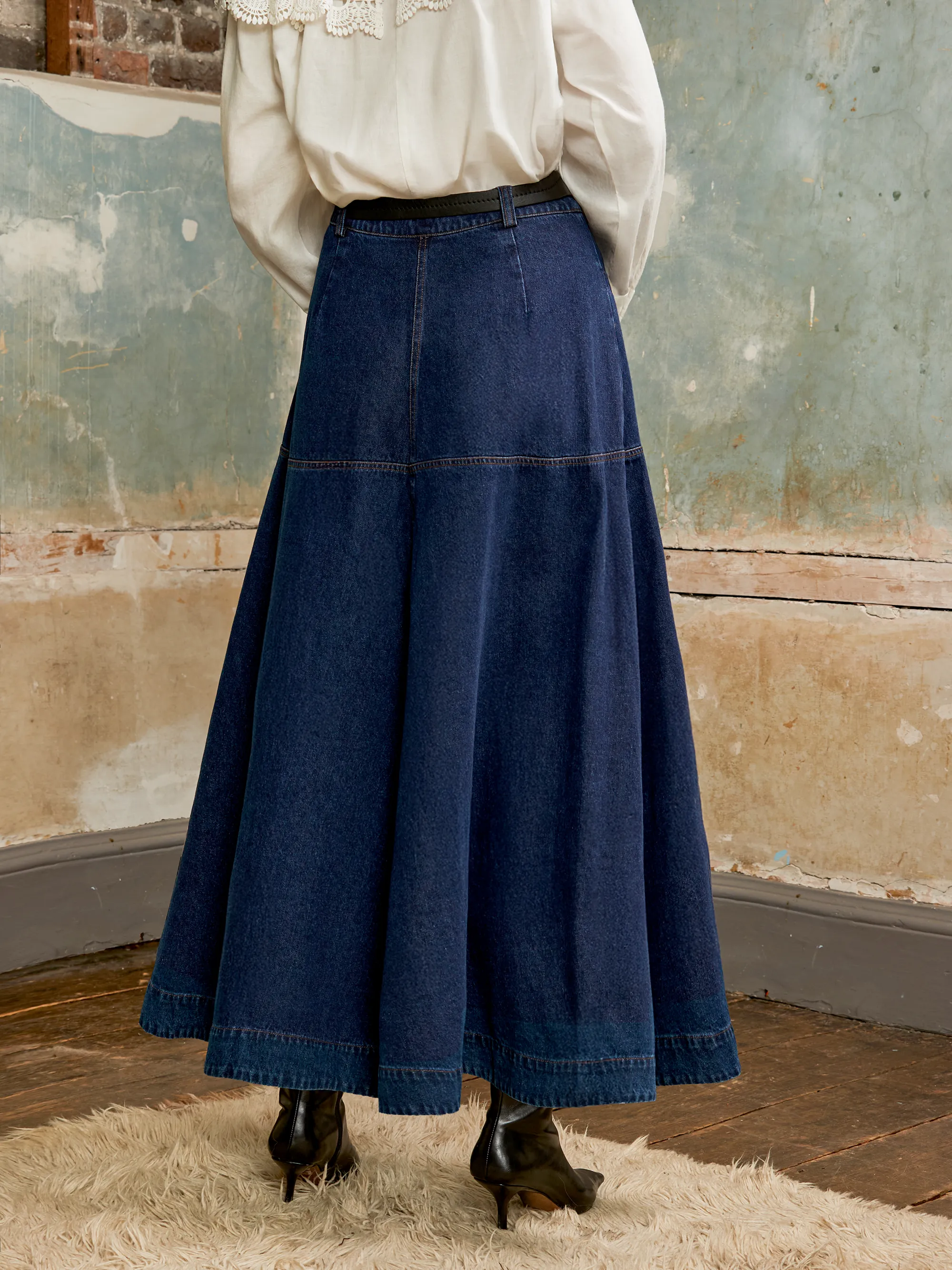 Dark-Blue Denim Flared Maxi Skirt - Image 5