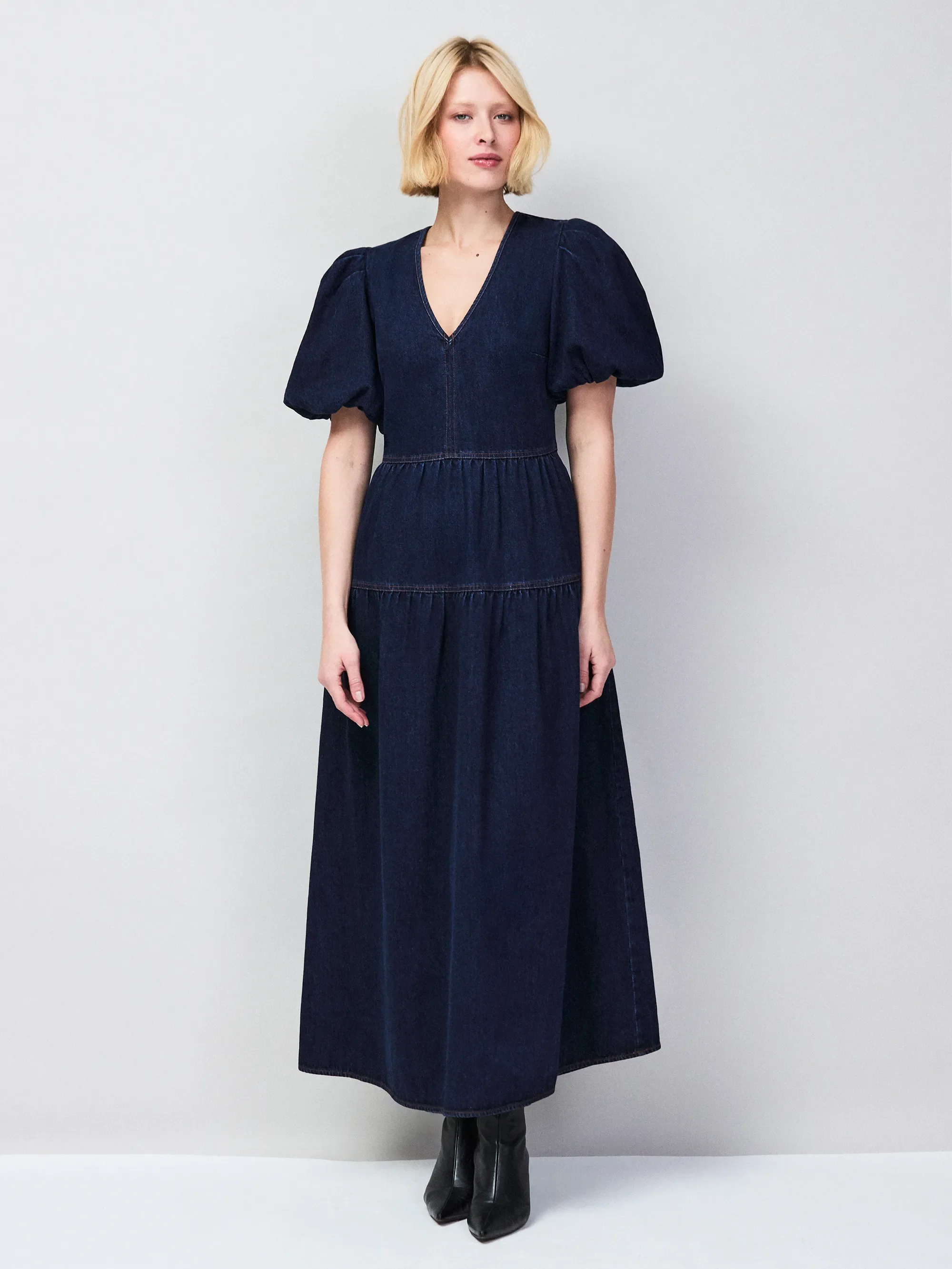 Blue Denim Puff Sleeve Midi Dress - Image 3