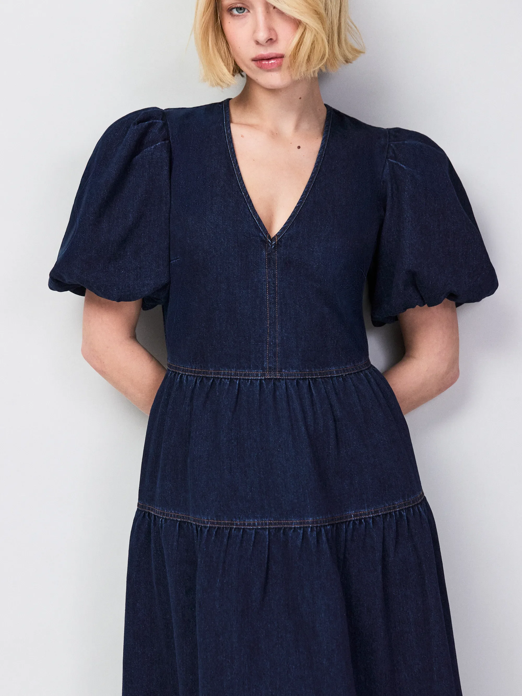 Blue Denim Puff Sleeve Midi Dress - Image 4