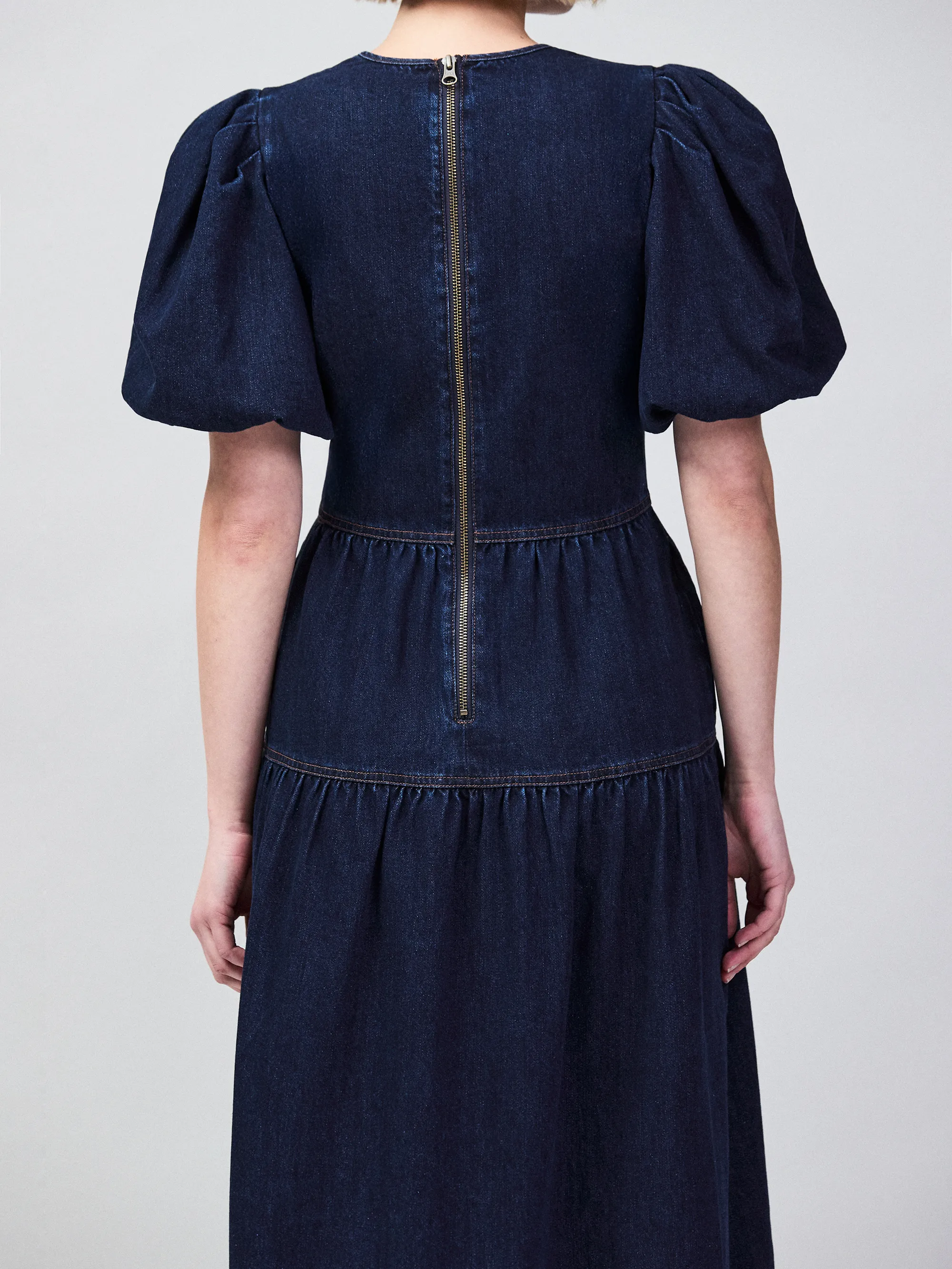 Blue Denim Puff Sleeve Midi Dress - Image 5