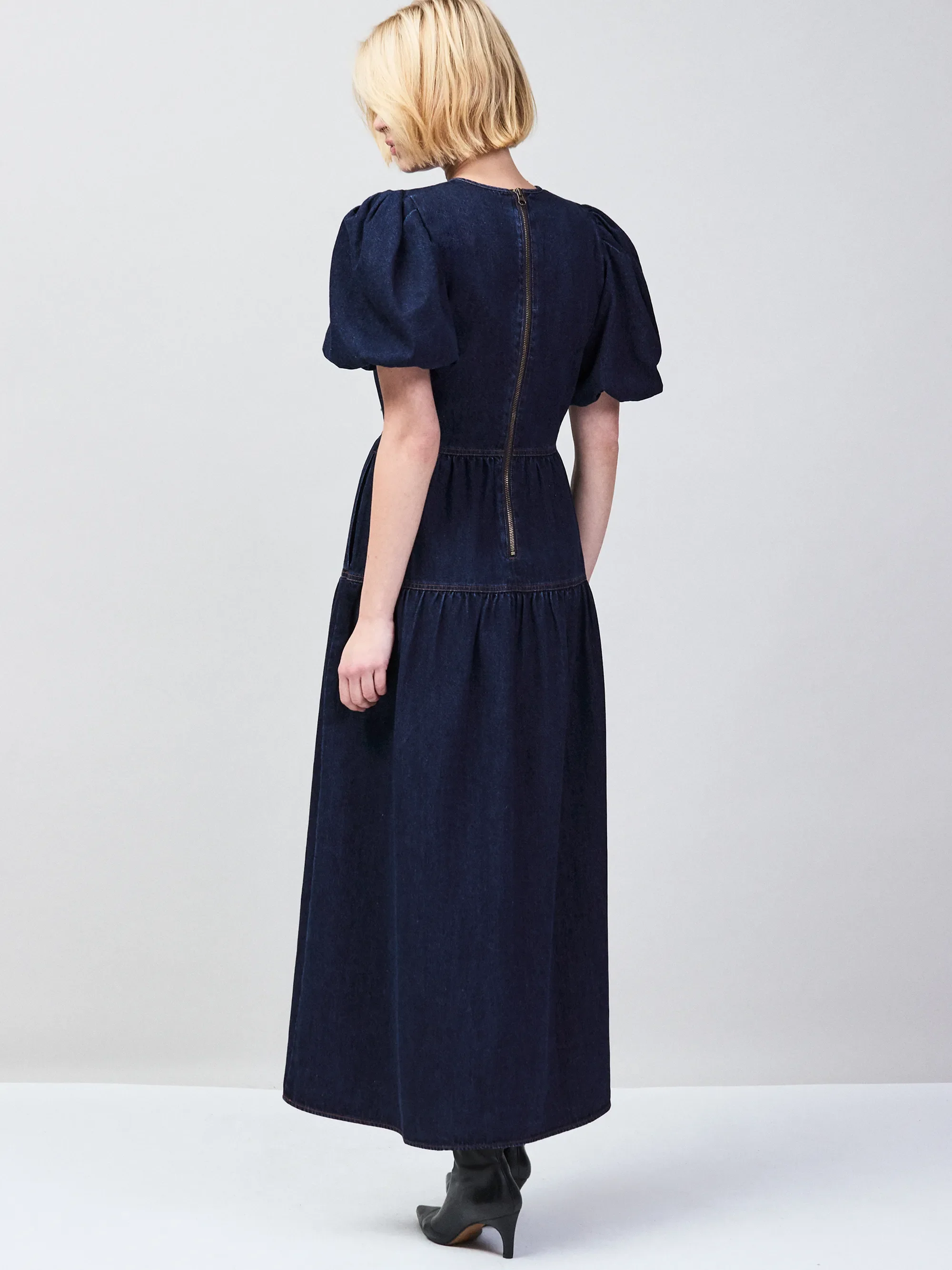 Blue Denim Puff Sleeve Midi Dress - Image 6