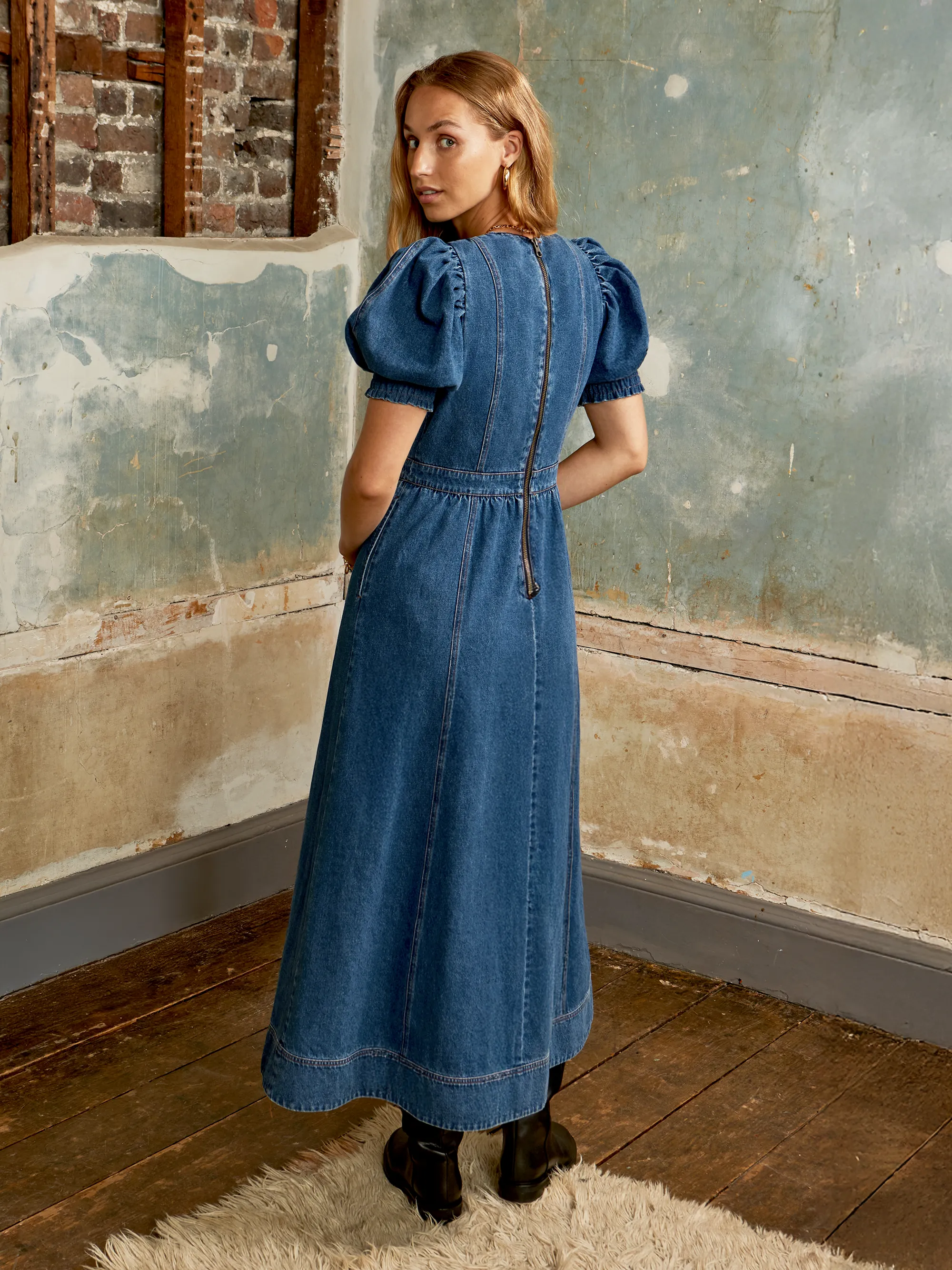 Petite Blue Denim Puff Sleeve Midi Dress - Image 5