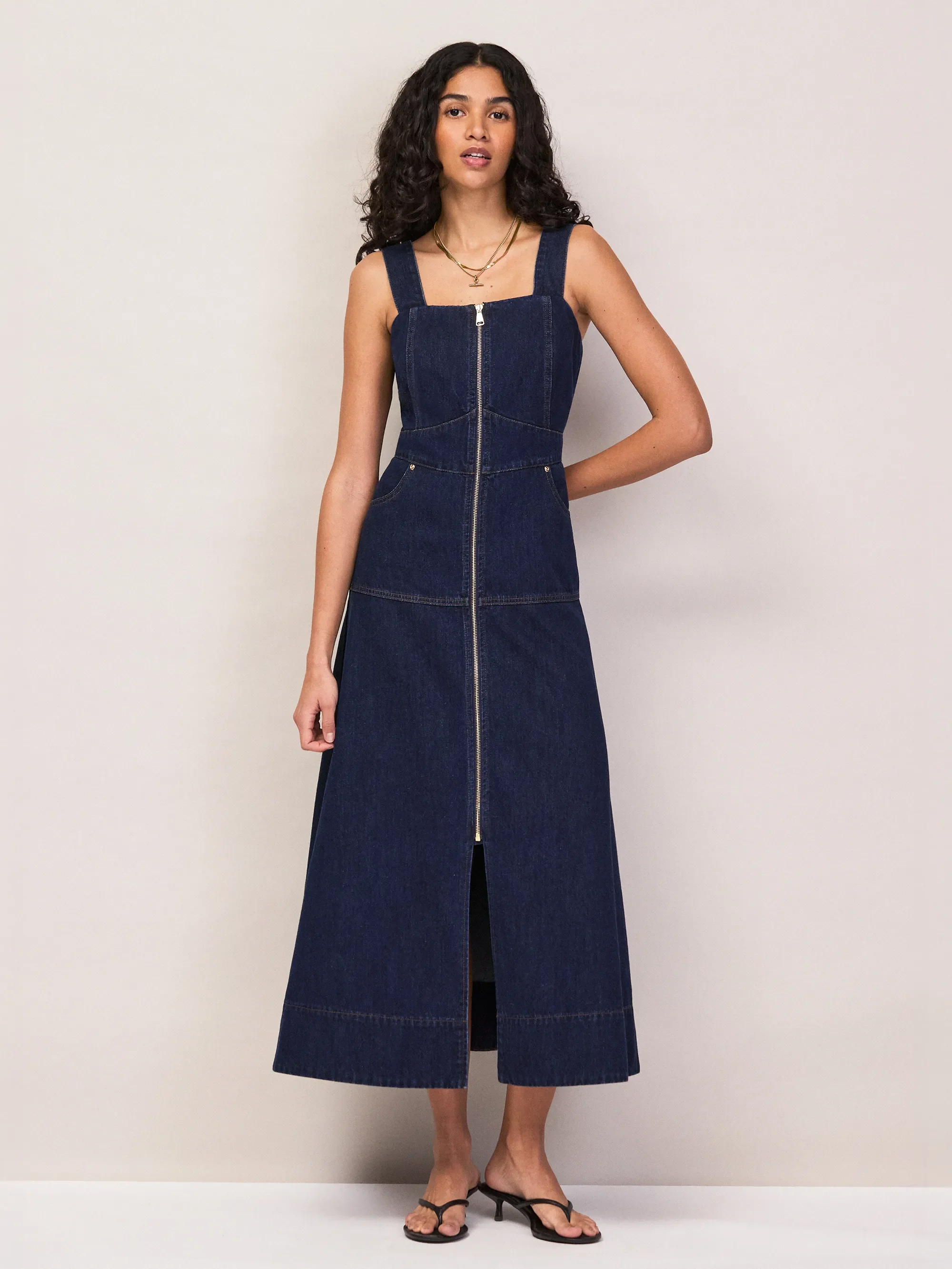 Petite Blue Denim Zip Front Midi Dress - Image 3