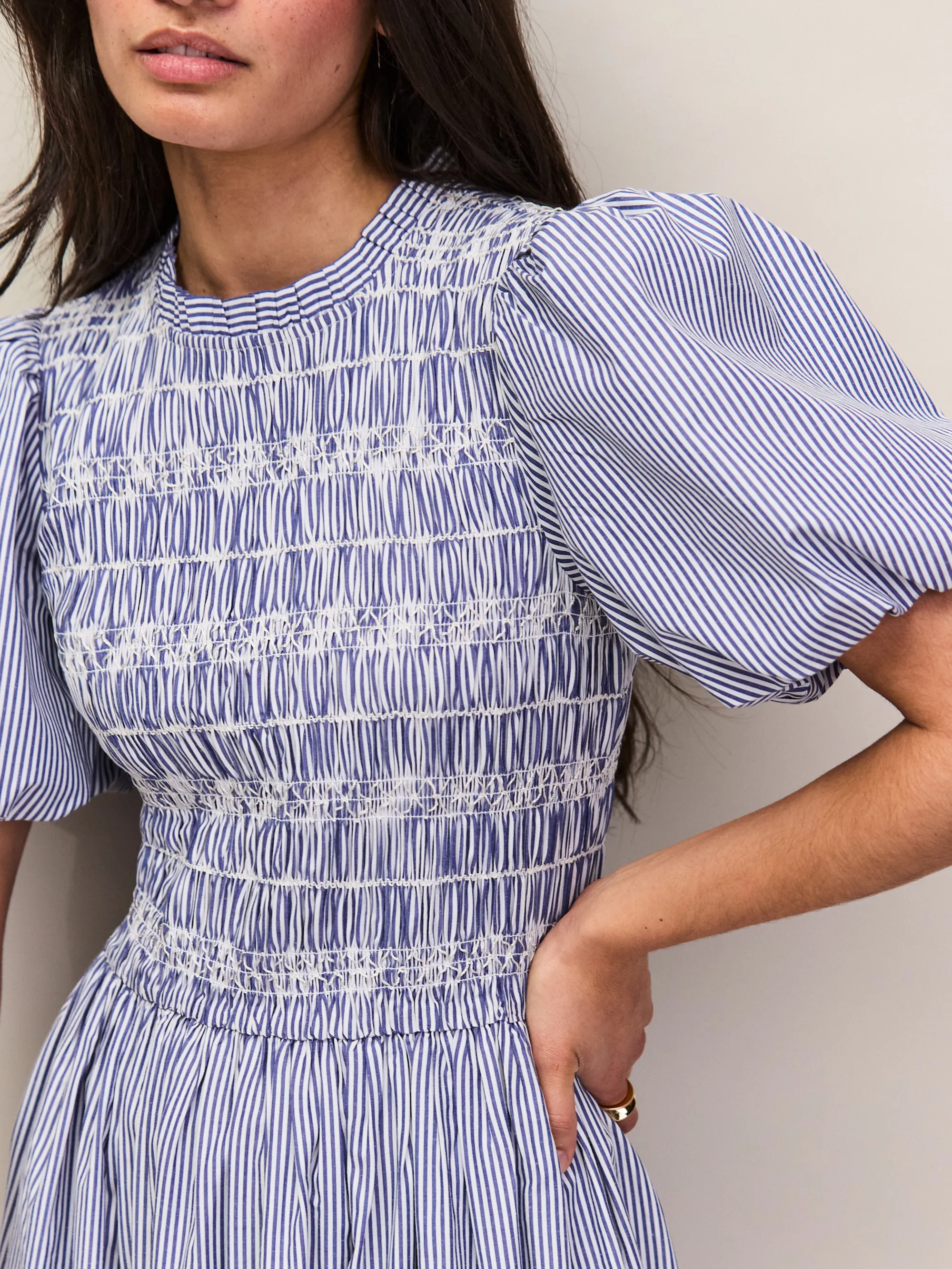 Petite Blue Stripe Shirred Bodice Dress - Image 3