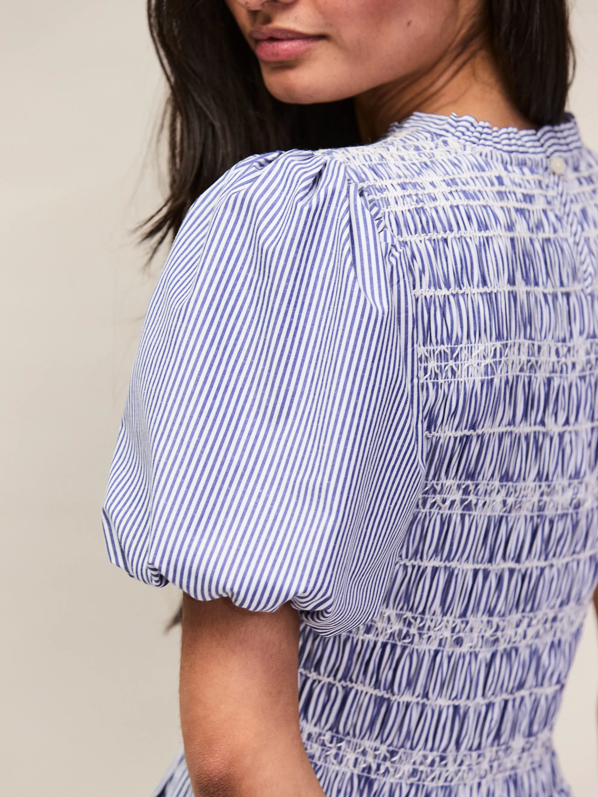 Petite Blue Stripe Shirred Bodice Dress - Image 4