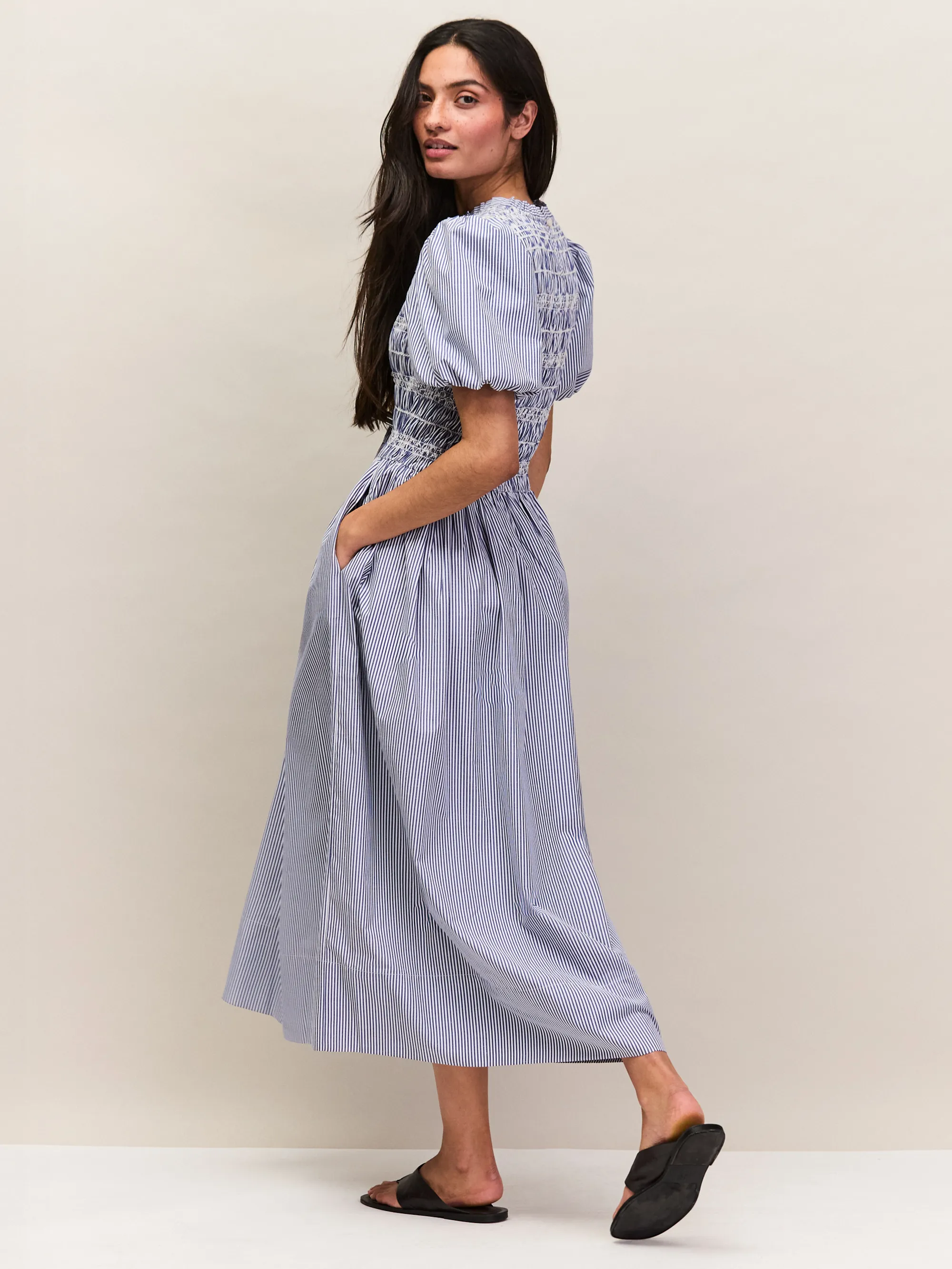 Petite Blue Stripe Shirred Bodice Dress - Image 5