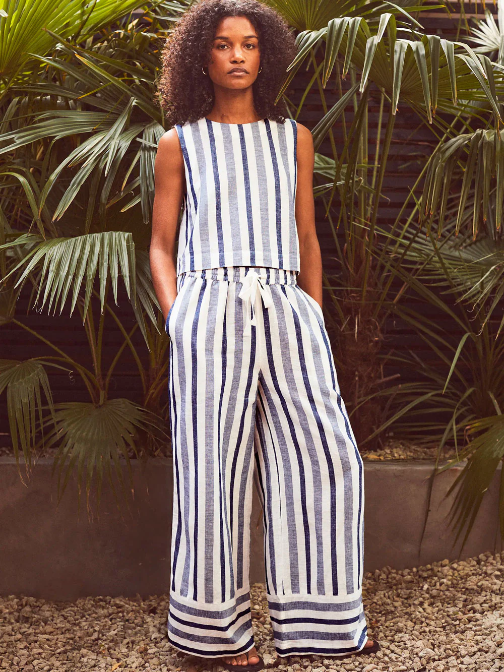 Blue Stripe Linen Blend Trousers - Image 3