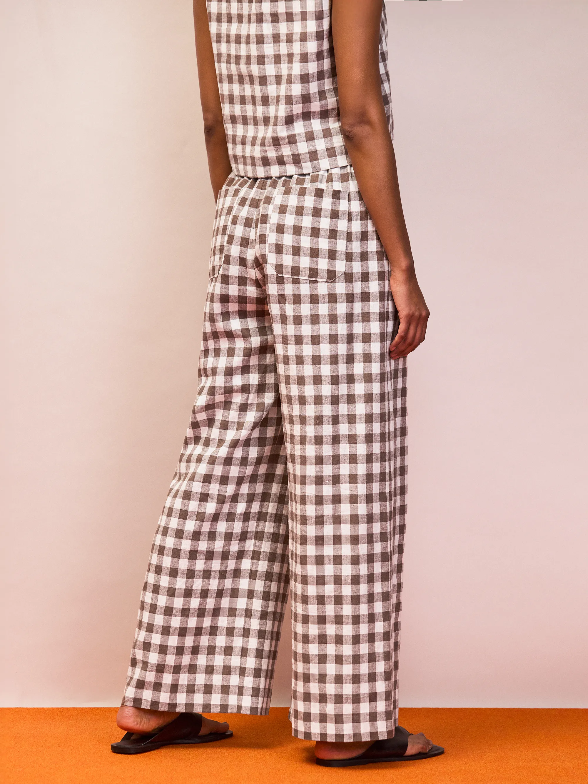 Petite Brown Gingham Linen Blend Casual Trouser - Image 4