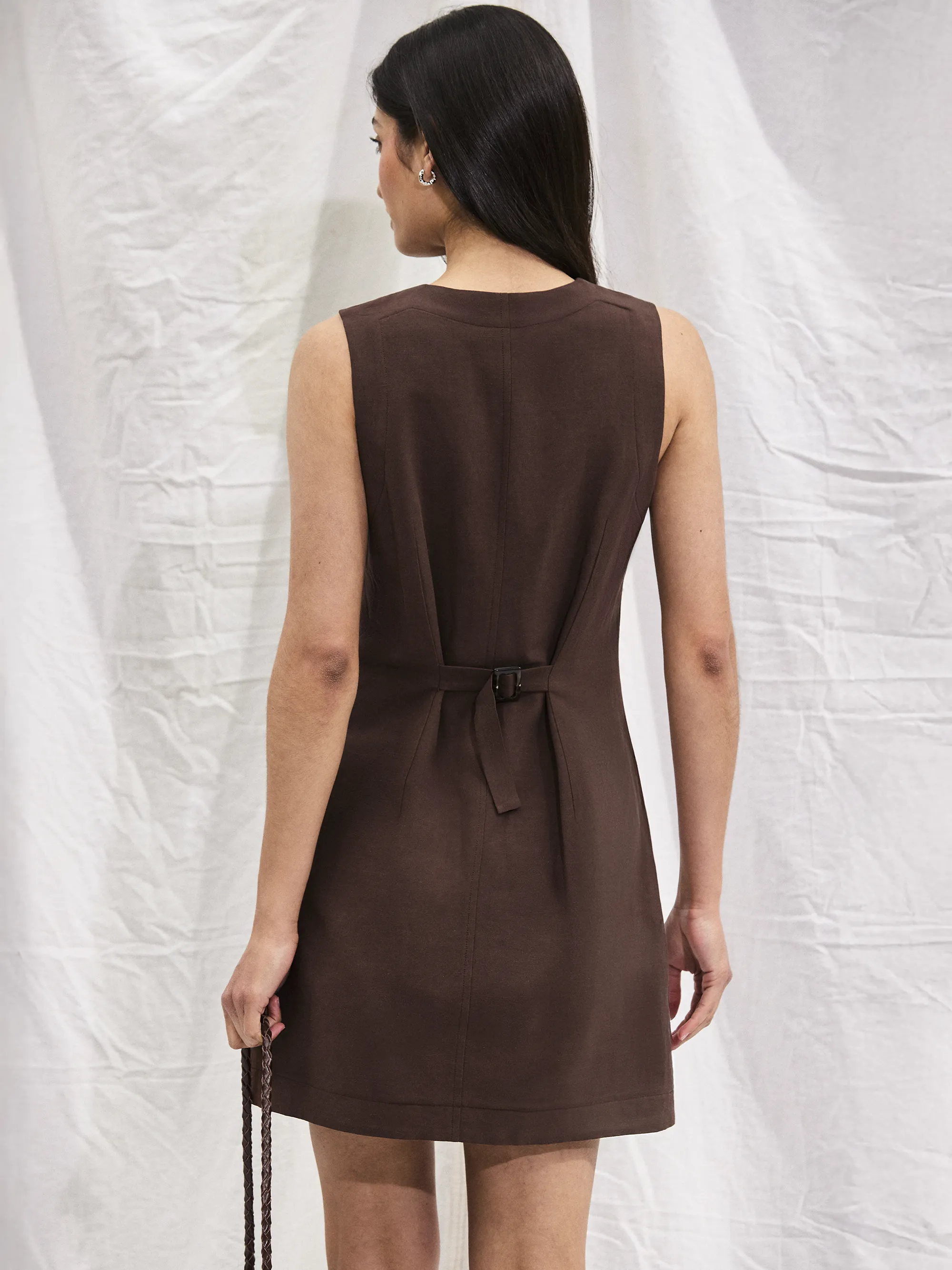 Petite Chocolate Brown Button Through Dress With Linen - Image 4