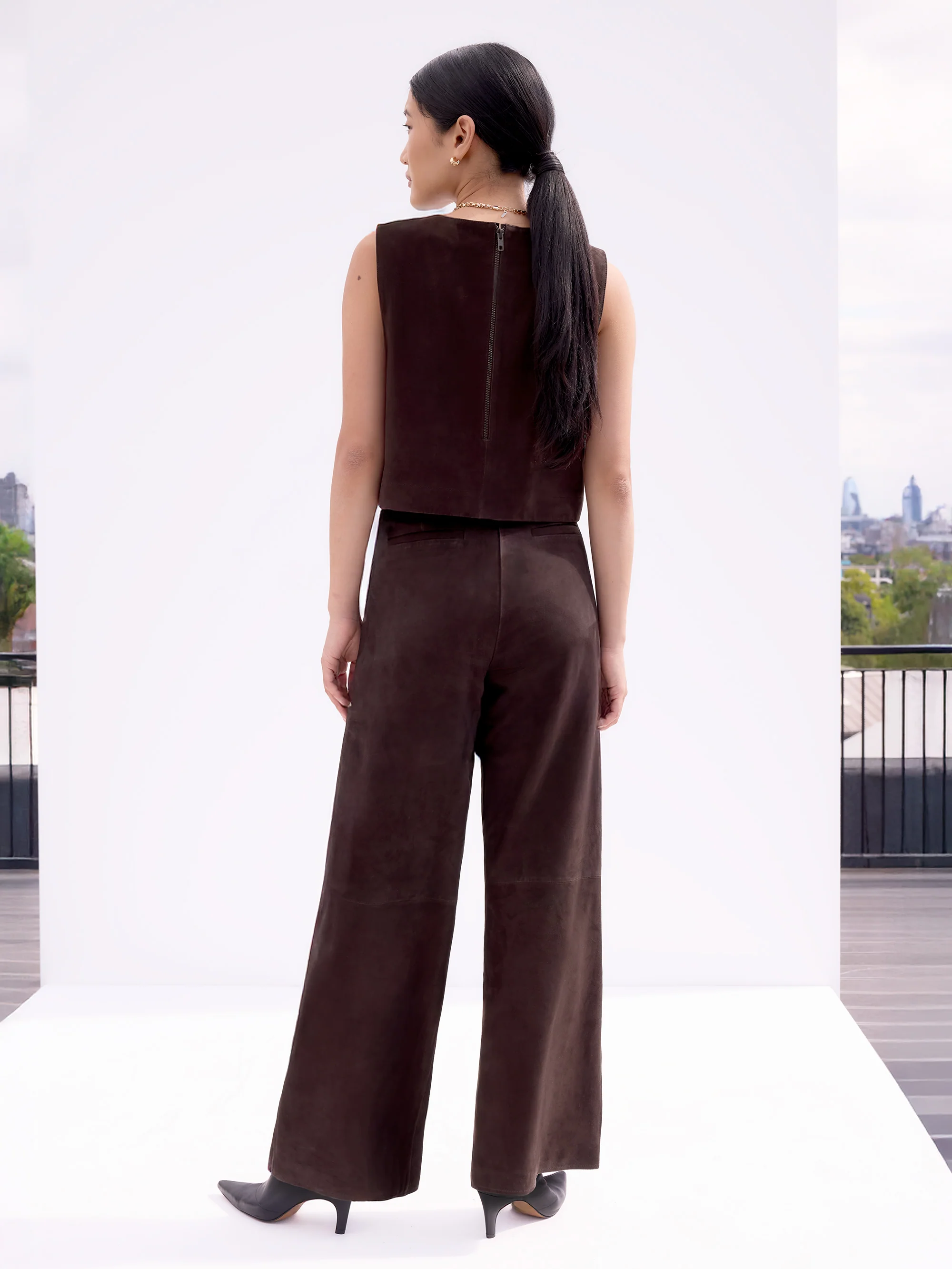 Chocolate Brown Suede Wide Leg Trousers - Image 3