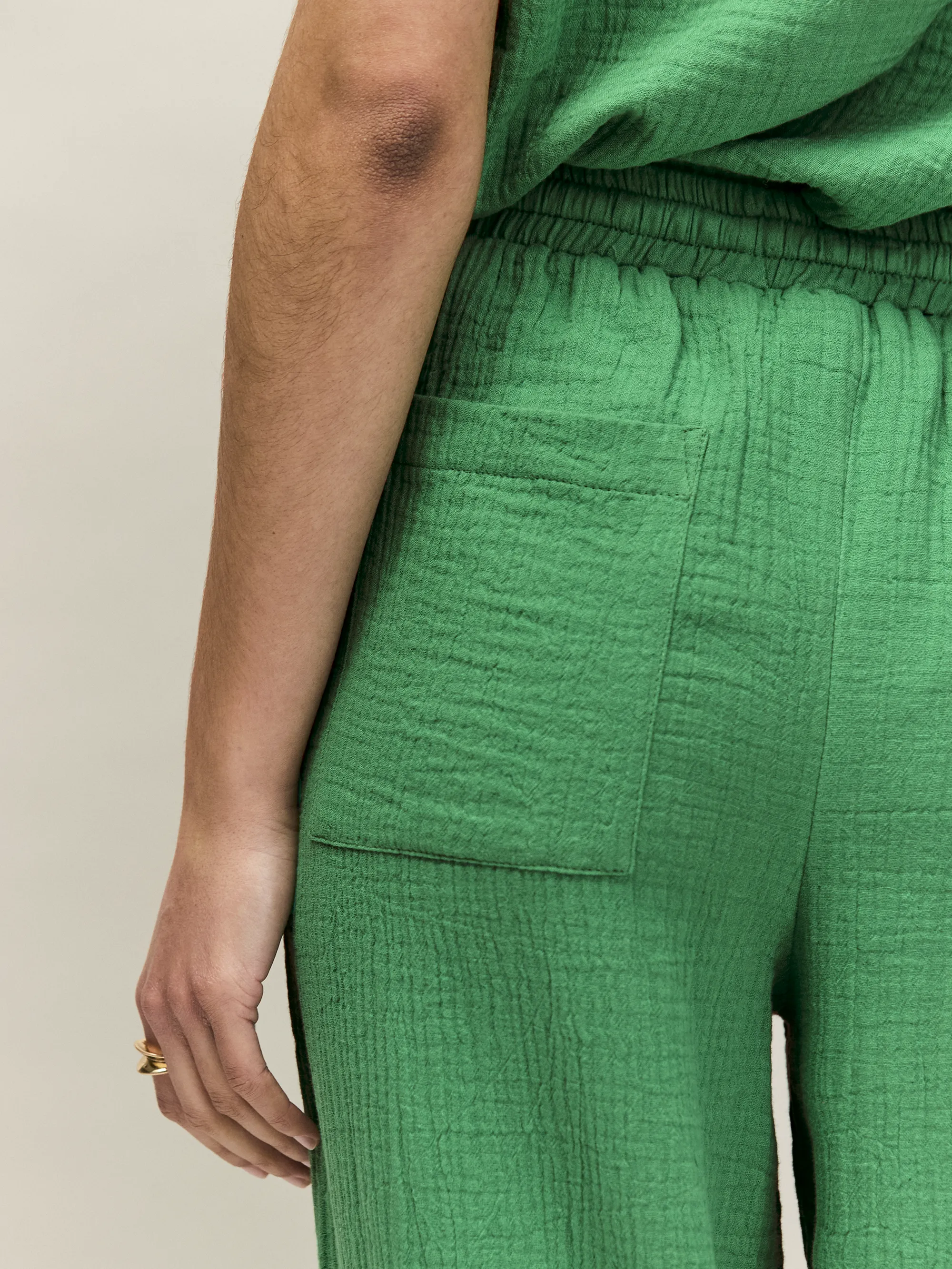 Petite Green Cheesecloth Drawstring Cuffed Trousers - Image 5