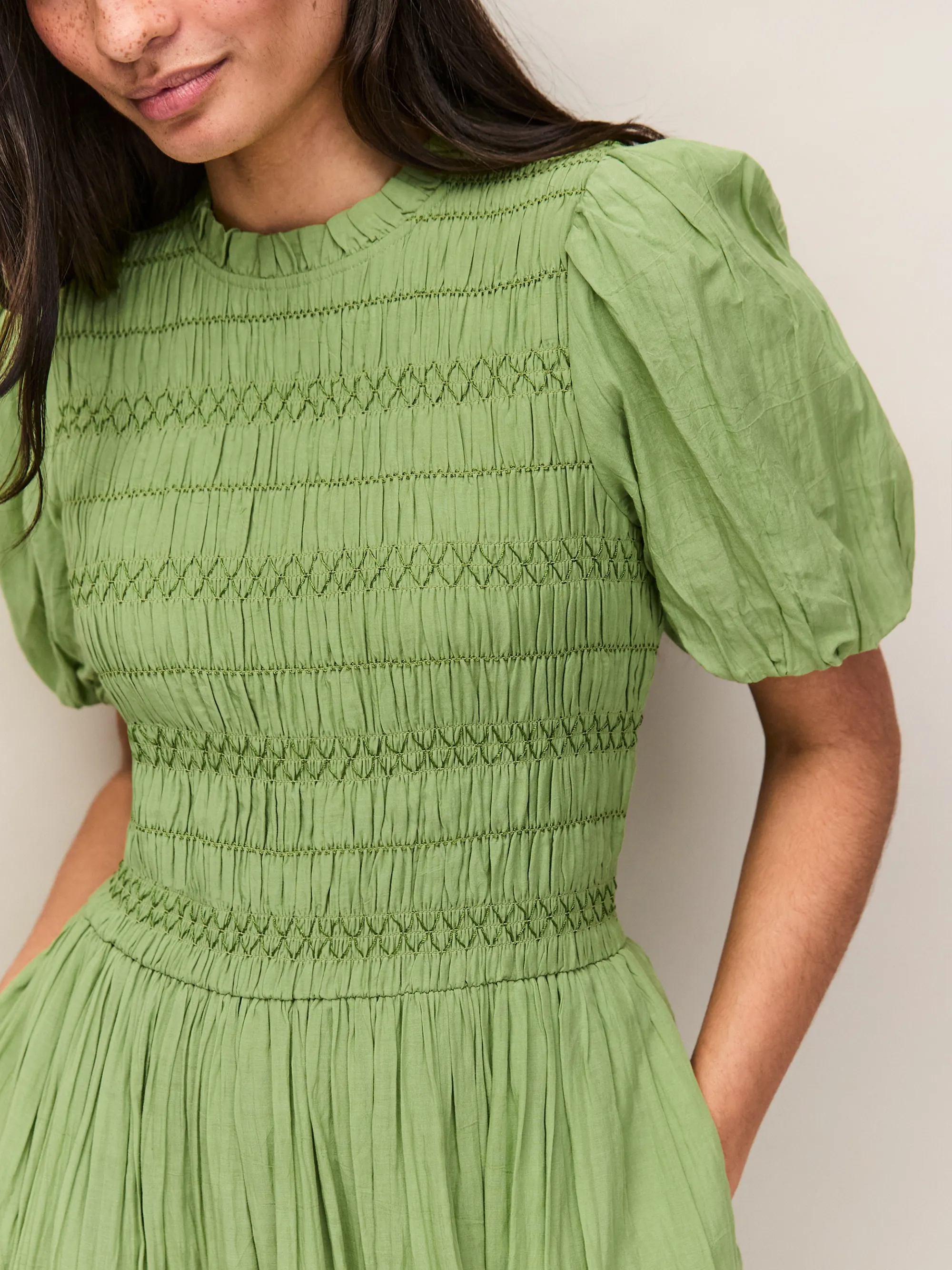 Green Cotton Shirred Bodice Dress - Image 3