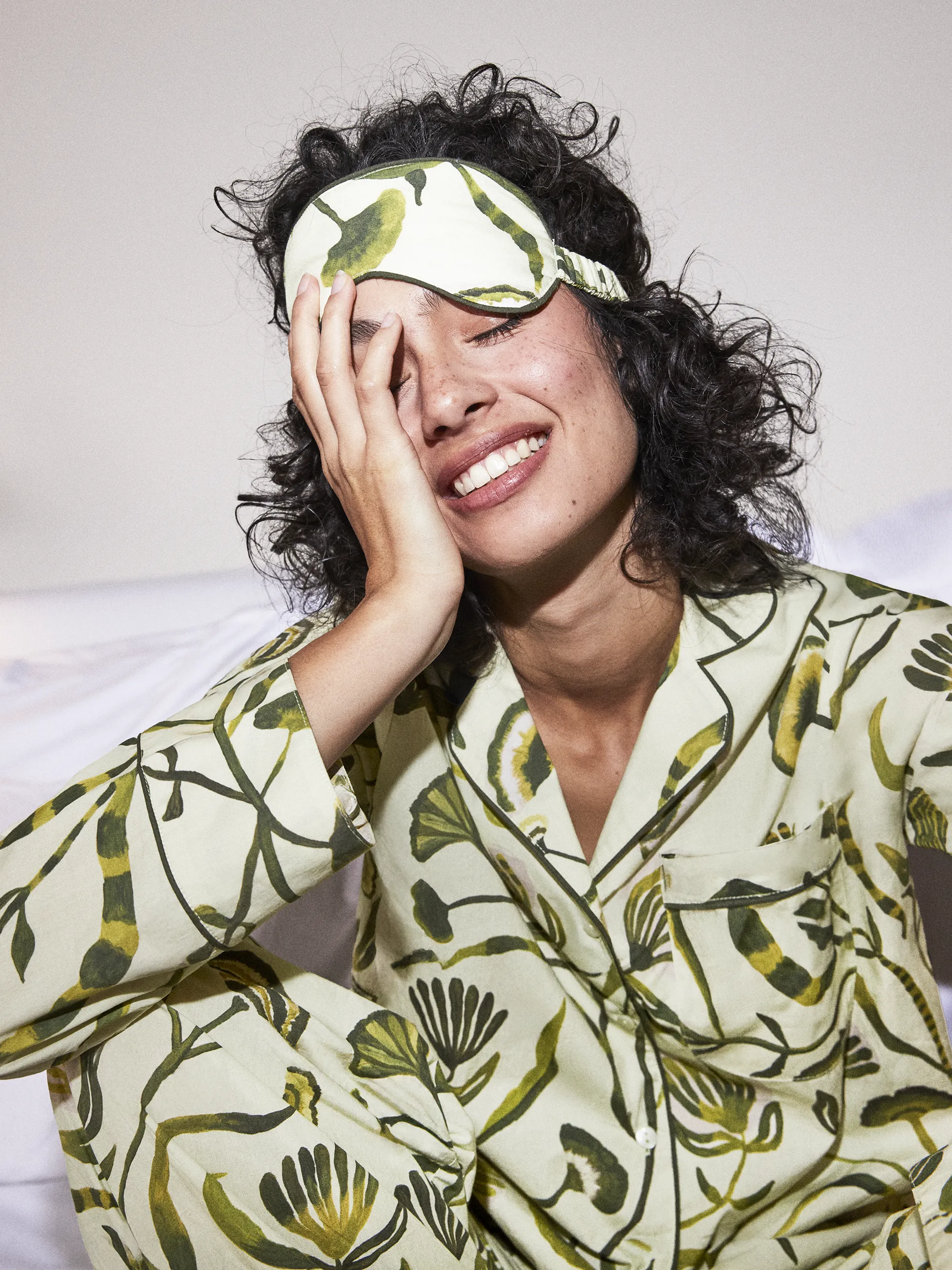 Green Floral Print Cotton Pyjamas & Sleep Mask - Image 3