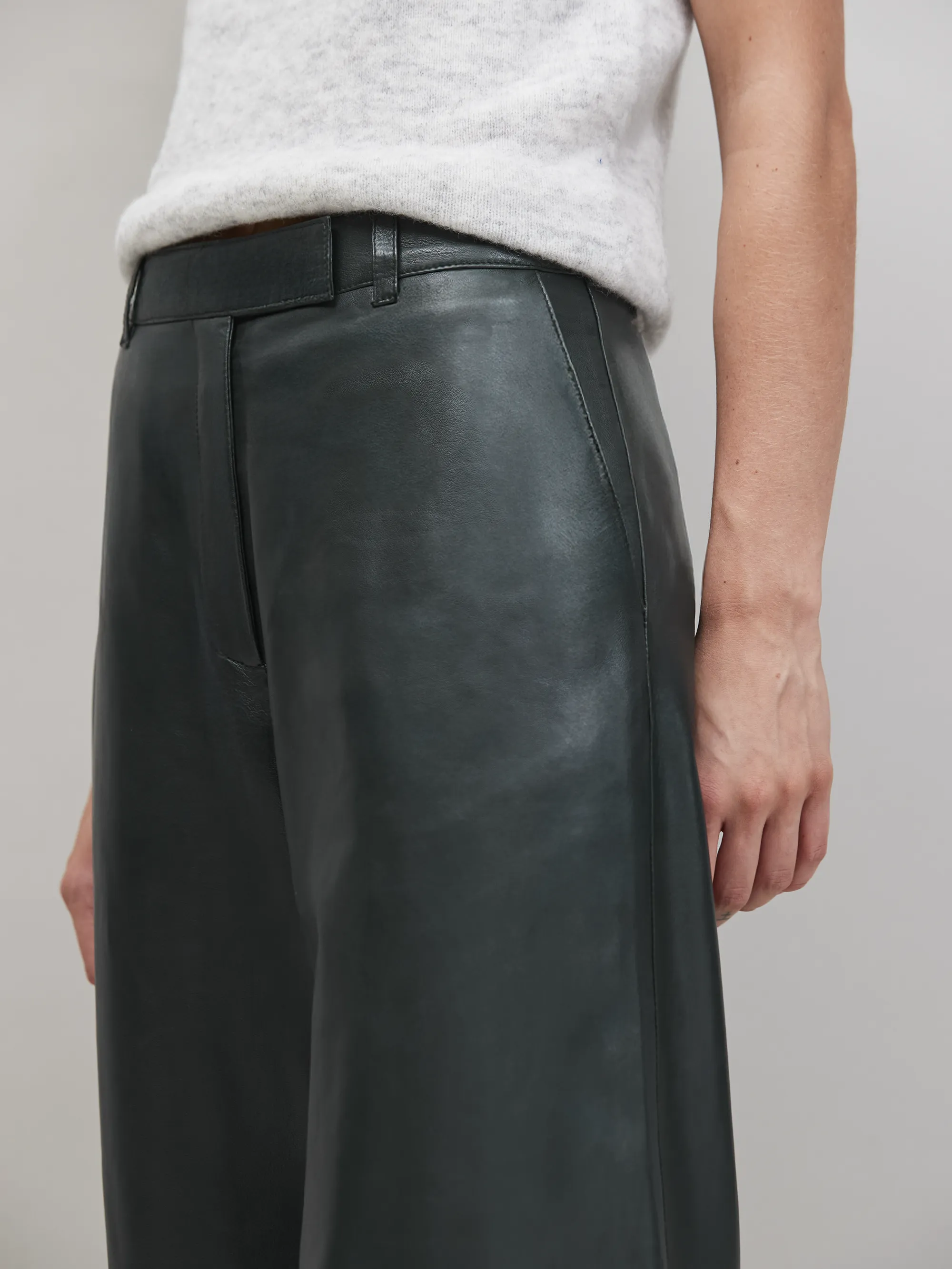 Dark-Green Leather Wide-Leg Trousers - Image 3