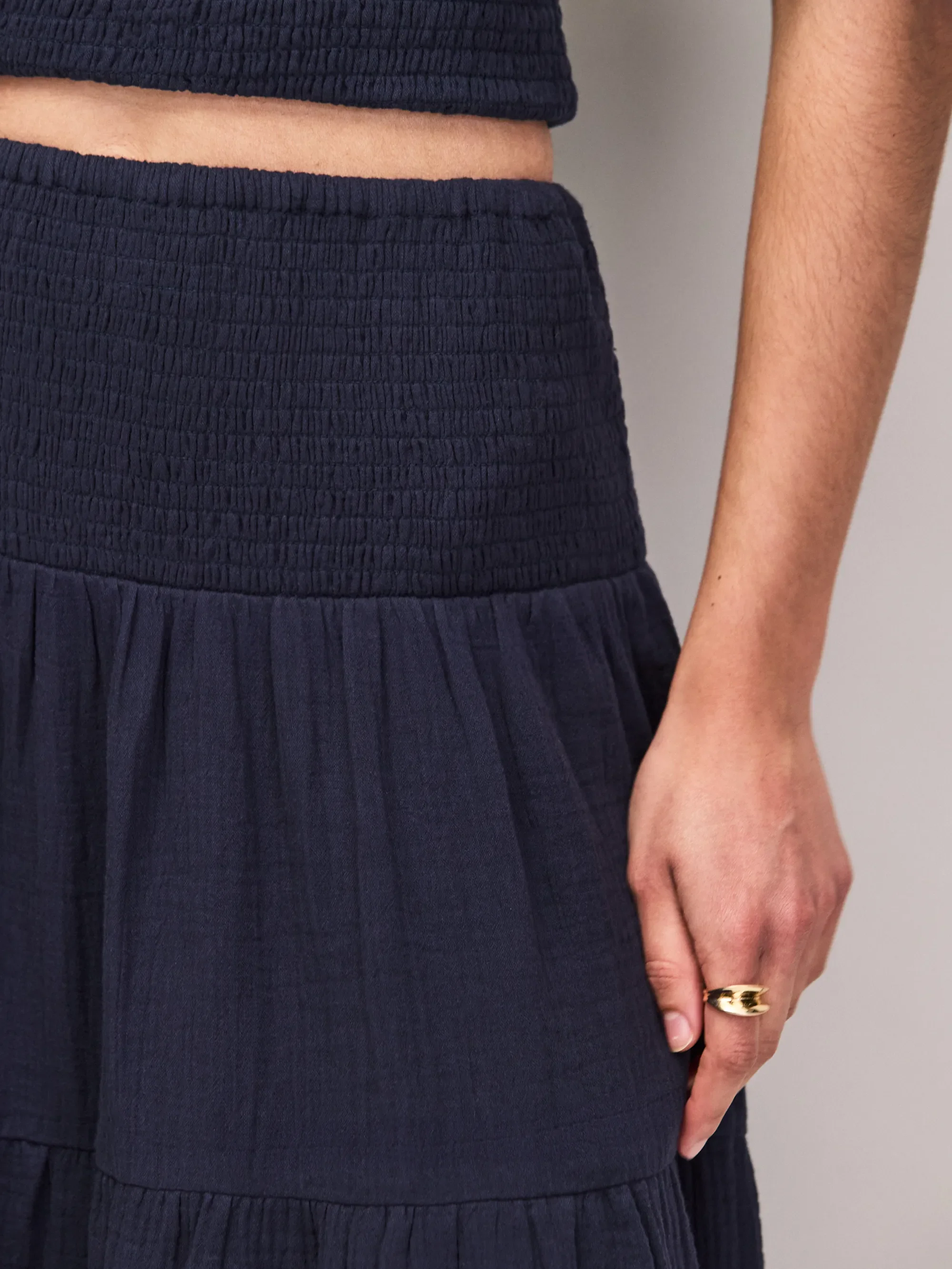 Petite Navy Cheesecloth Shirred Waistband Skirt - Image 4