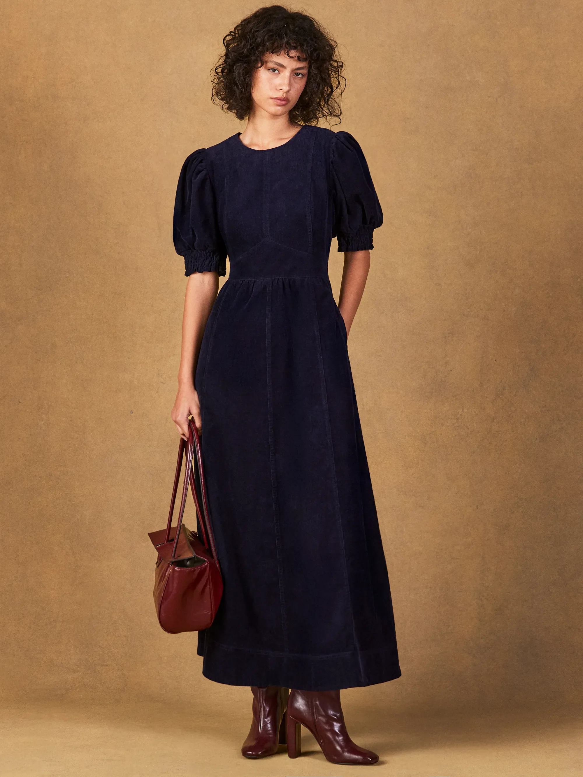 Navy Cord Puff Sleeve Midi Dress - Image 5