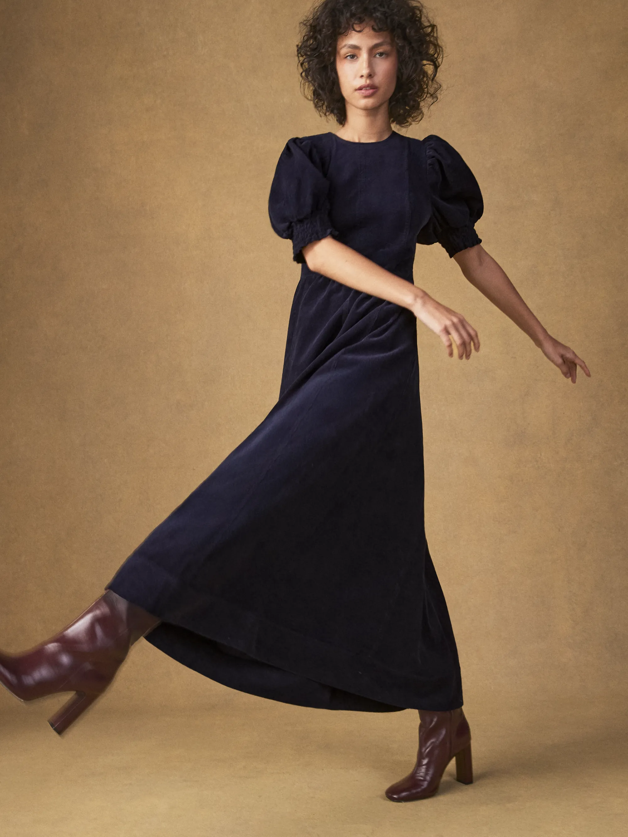 Navy Cord Puff Sleeve Midi Dress - Image 4