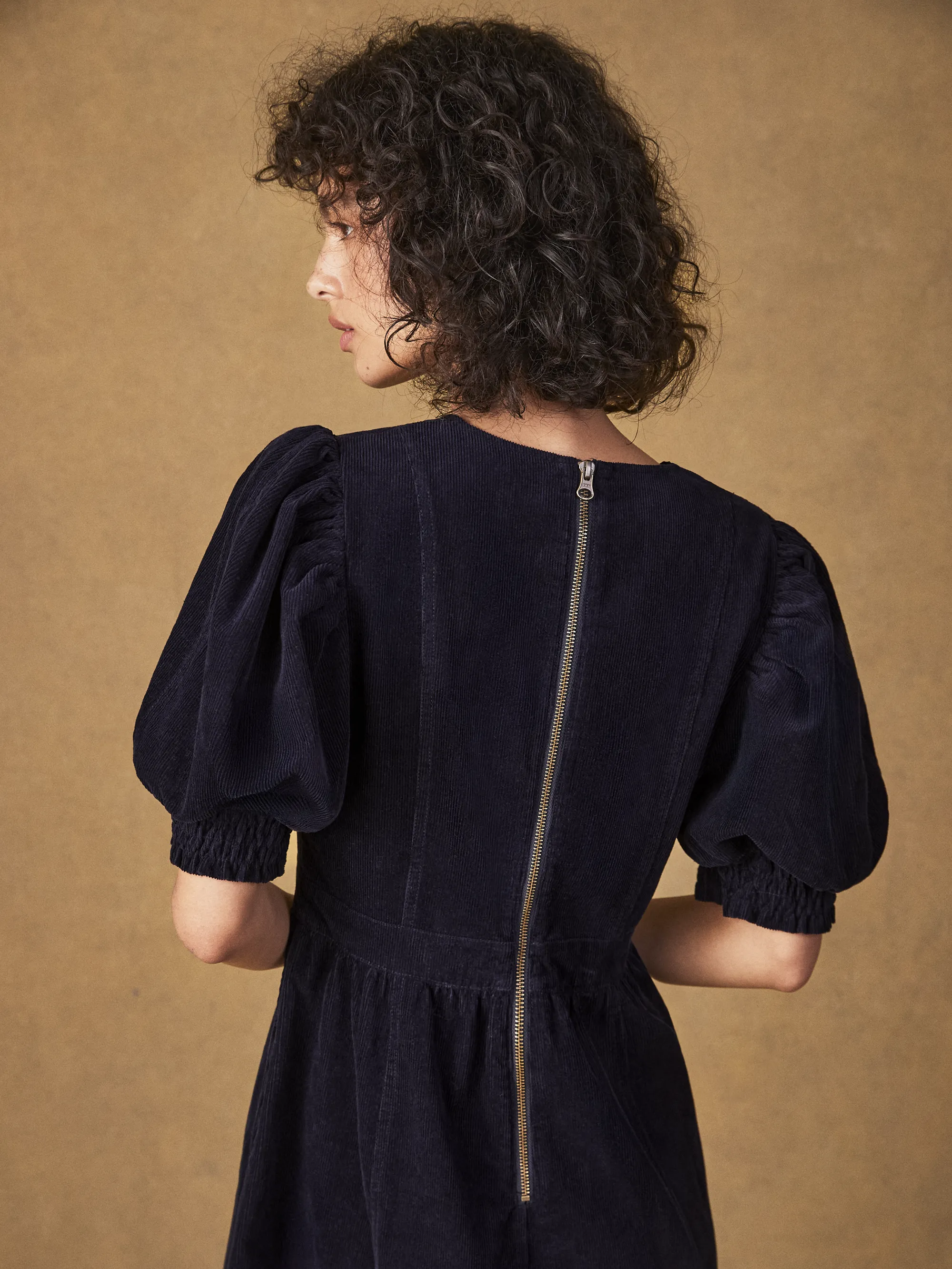 Navy Cord Puff Sleeve Midi Dress - Image 3