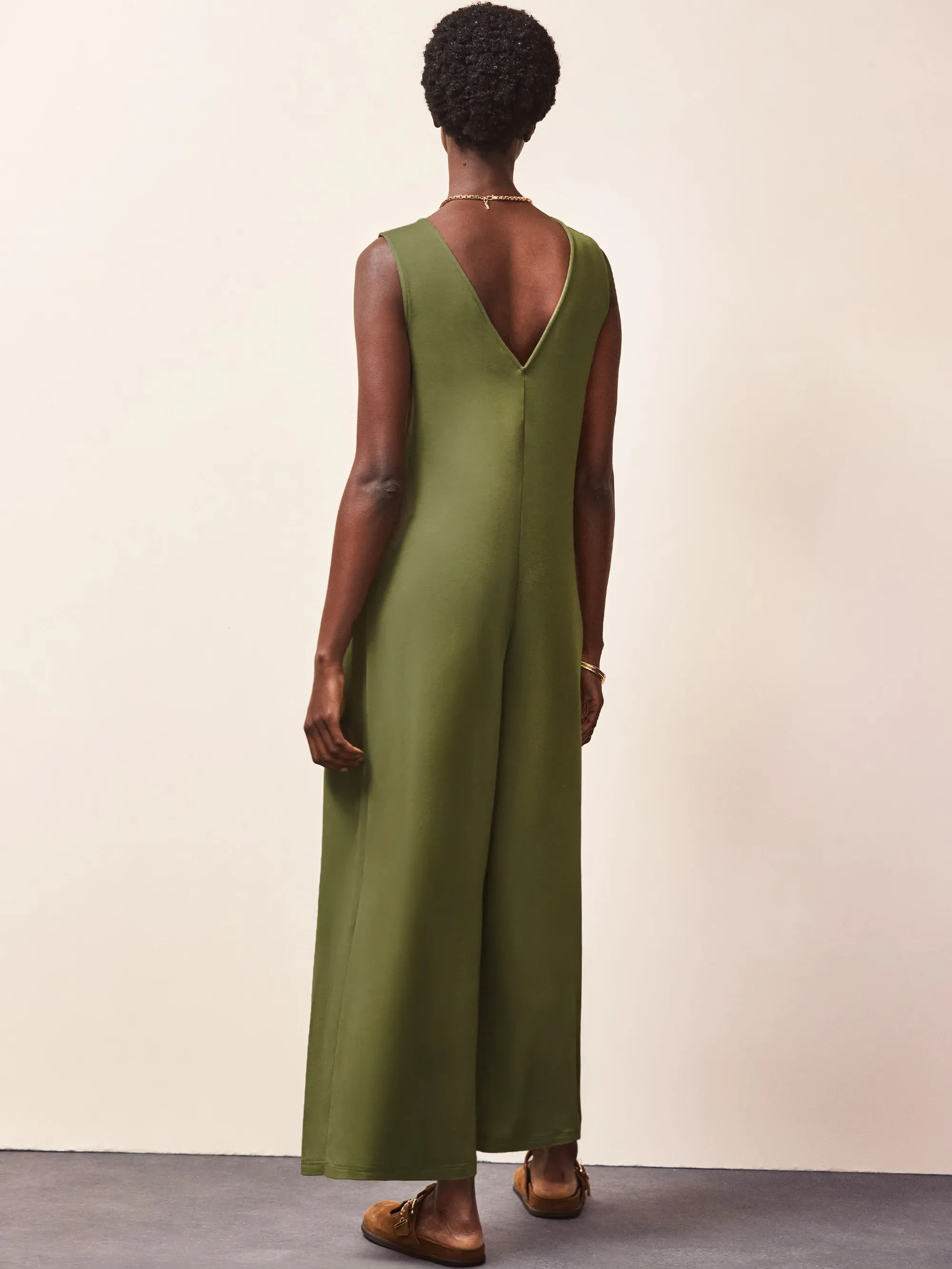 Olive Jersey V Neck Jumpsuit - Image 3