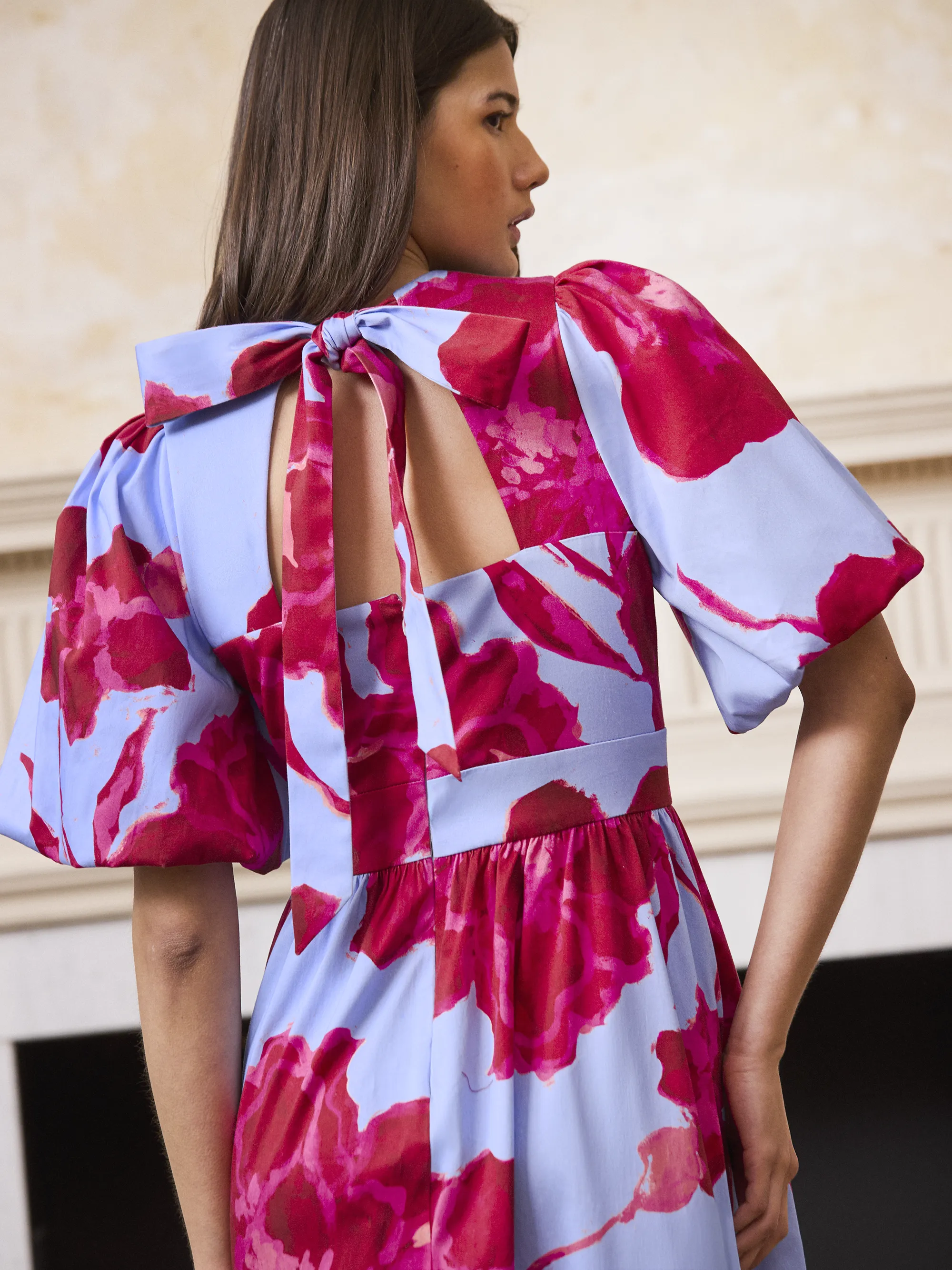 Petite Seraphina Pink And Blue Floral Puff Sleeve Dress - Image 5