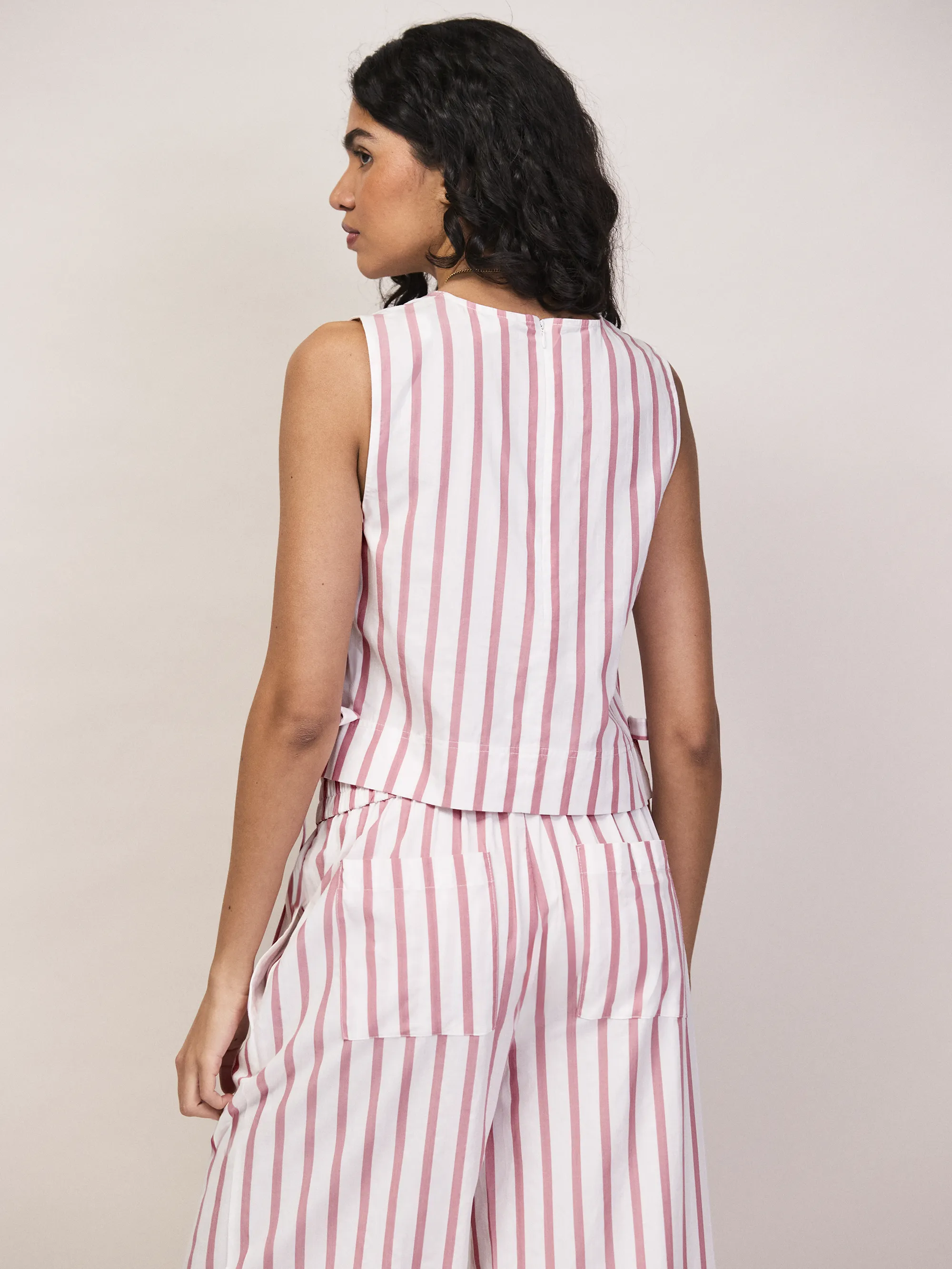 Pink Stripe Cotton Blend Tie Side Shell Top - Image 5