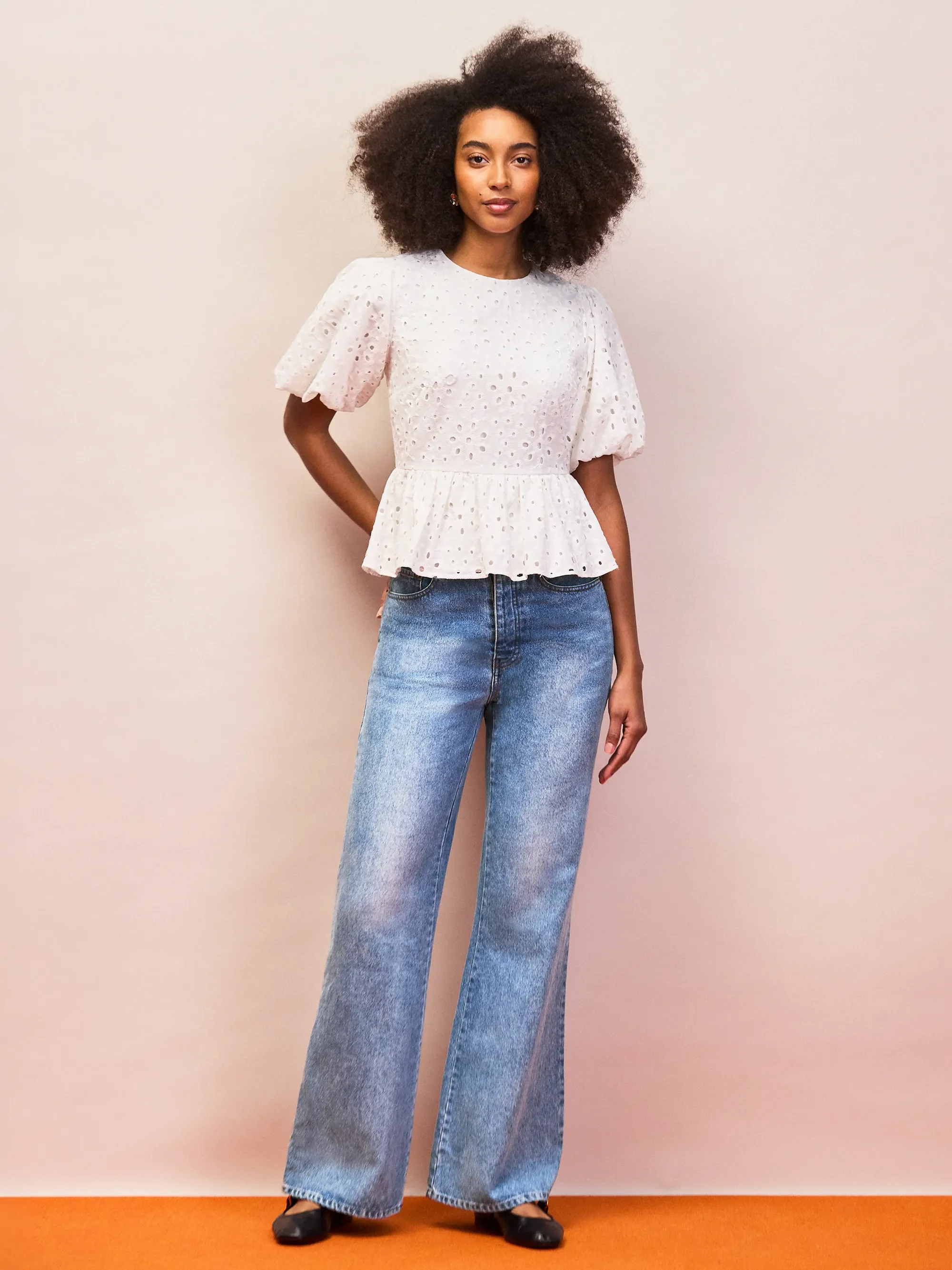 White Broderie Anglaise Cotton Gathered-Sleeve Top - Image 5