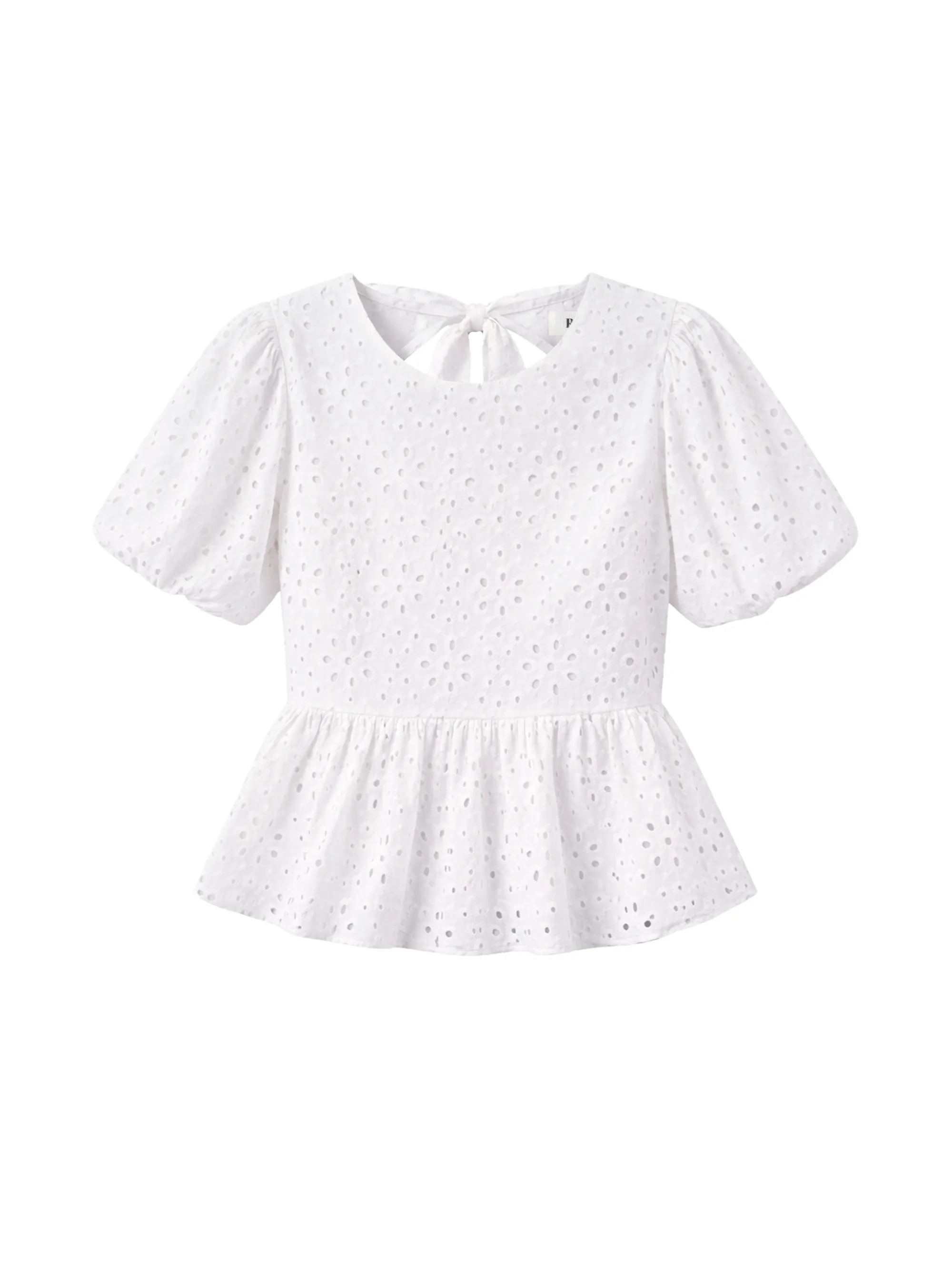 White Broderie Anglaise Cotton Gathered-Sleeve Top - Image 6