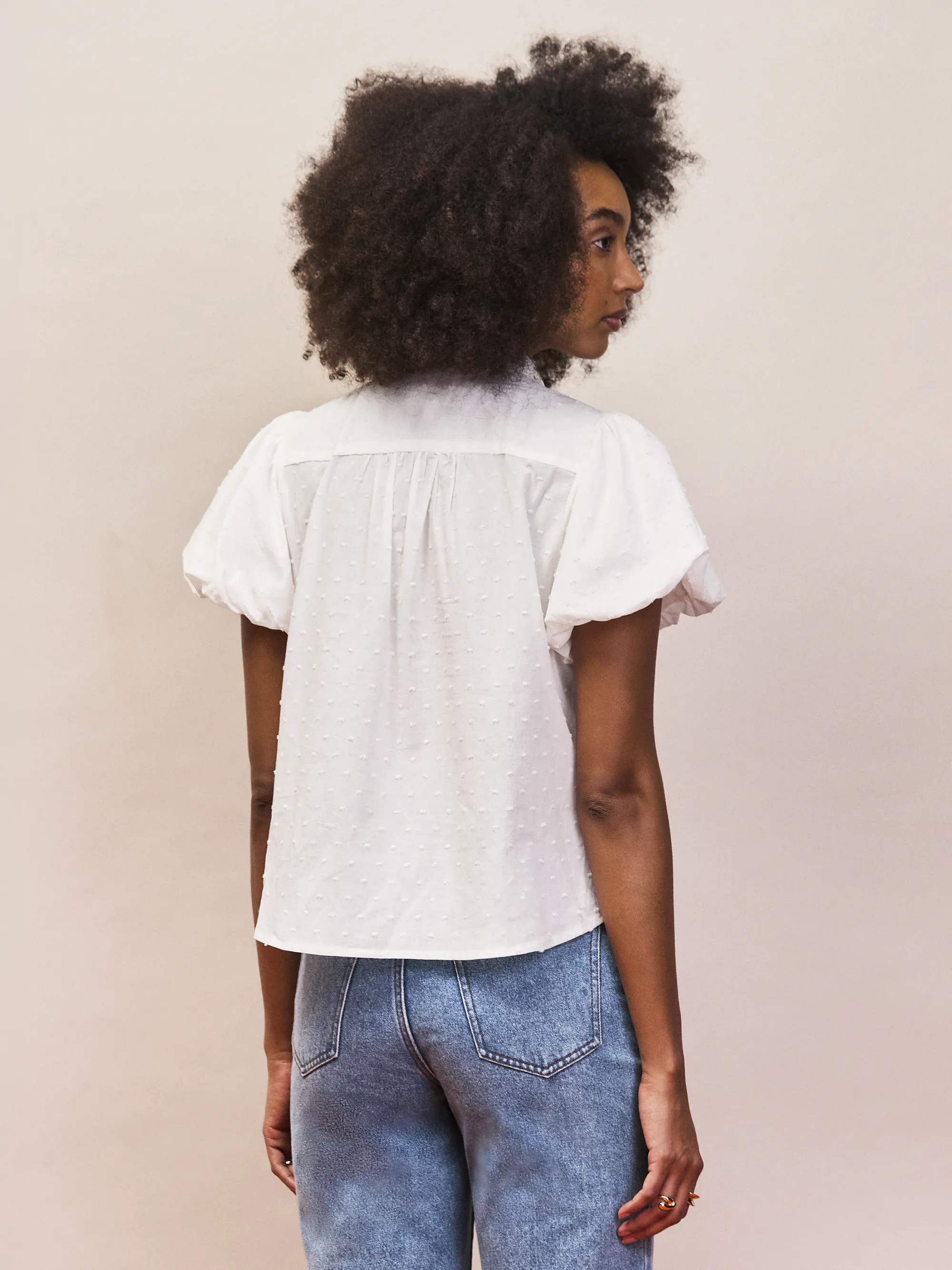 White Cotton Textured Puff Sleeve Shirt - Image 4