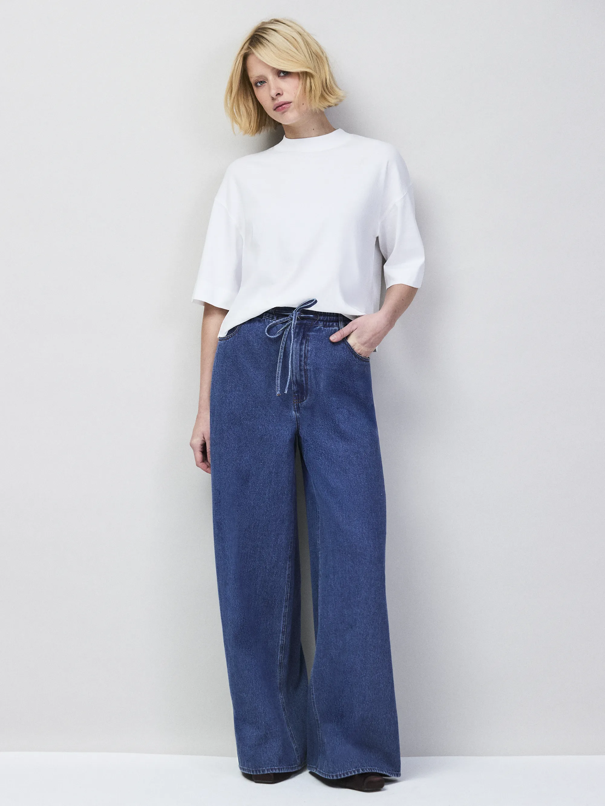 White Mock Neck Cotton T-Shirt - Image 3