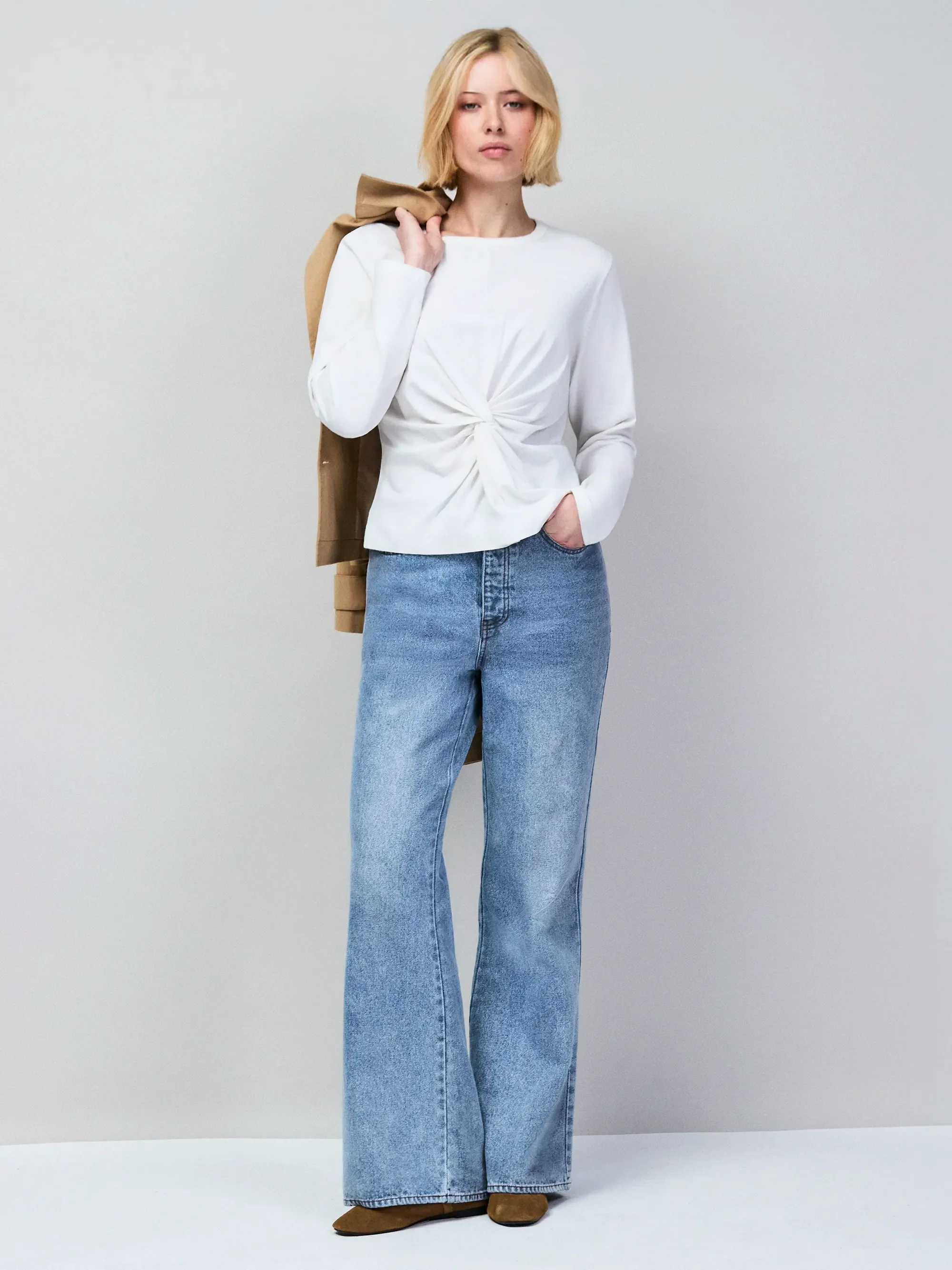 White Twist-Front Long-Sleeve Cotton T-Shirt - Image 3